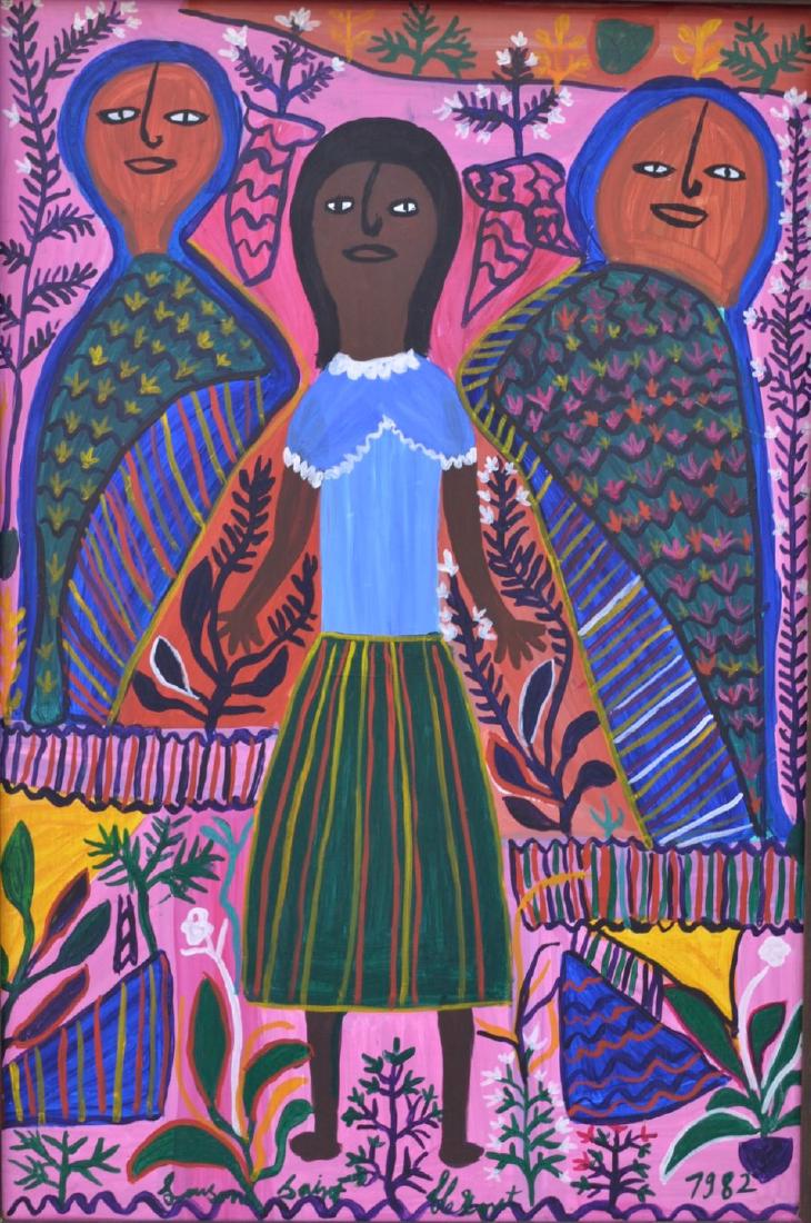 Louisiane St Fleurant (Haitian) Figure-Two Loas, 1982: Louisiane Saint Fleurant (Haitian/Petit-Trou-de-Nippes,1924-2005) Figure with Two Loas, dated 1982 Oil on masonite, 24" x 16" framed 28 3/4" x 20 3/4" Provenance: Dr. Bob Brictson Collection Lot Essay