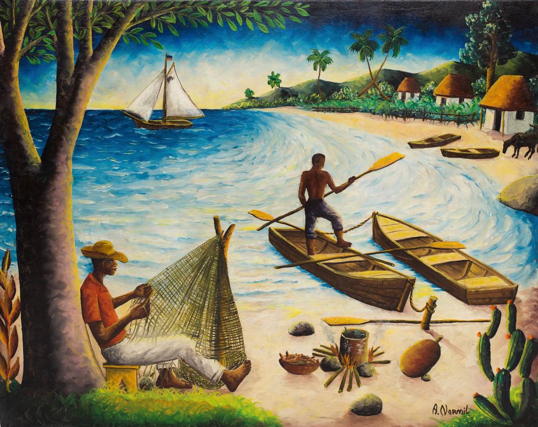 Andre Normil (Haitian) Weaving Fishing Net, c.1960's (1 of 1)