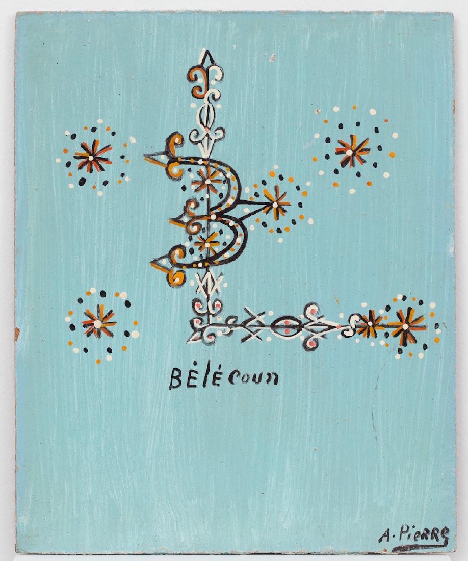 Andre Pierre (Haitian) Veve Belecoun, Self-taught/Folk: Andre Pierre (Haitian/Port-au-Prince, 1916-2005 Veve for Belecoun, circa 1960's Oil on masonite, 10 x 8 in. Unframed Provenance: Leon & Evelyn Chalom Collection Lot Essay: Andre Pierre, who was a powe