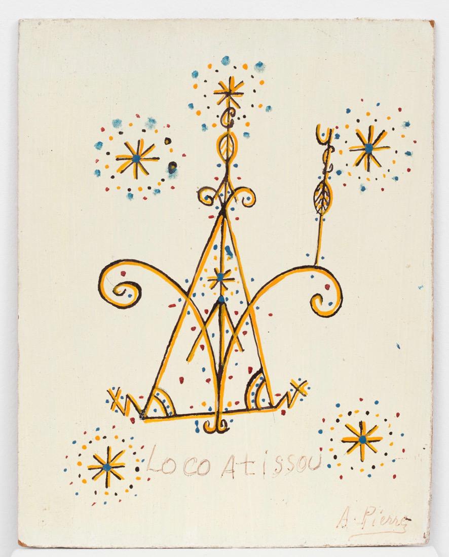Andre Pierre (Haitian) Veve Loco Atissou,: Andre Pierre (Haitian/Port-au-Prince, 1916-2005 Veve for Loco Atissou, circa 1960's Oil on masonite, 10 x 8 in. Unframed Provenance: Leon & Evelyn Chalom Collection Lot Essay: Andre Pierre, who was a 