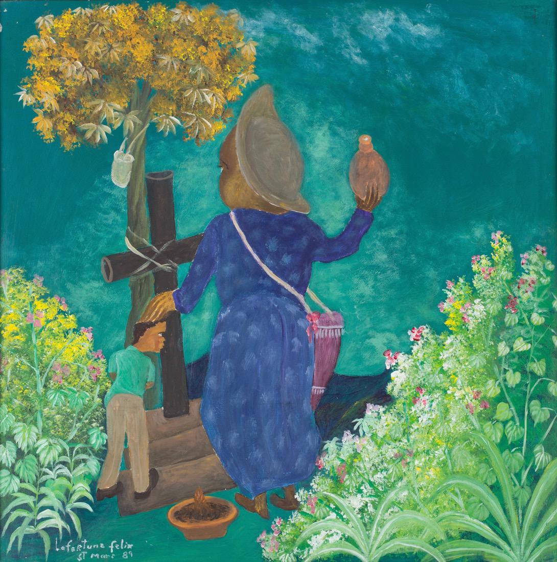 LaFortune Felix (Haitian) Ceremony by Cross,: LaFortune Felix (Haitian/Aritbonite, 1933-2016) Ceremony by Cross, dated '89 Oil on masonite, 22 1/2 x 22 1/2 in. Framed 23 1/4 x 23 1/4 in. Provenance: Dr. Bob Brictson Estate Lot essay: From the fer