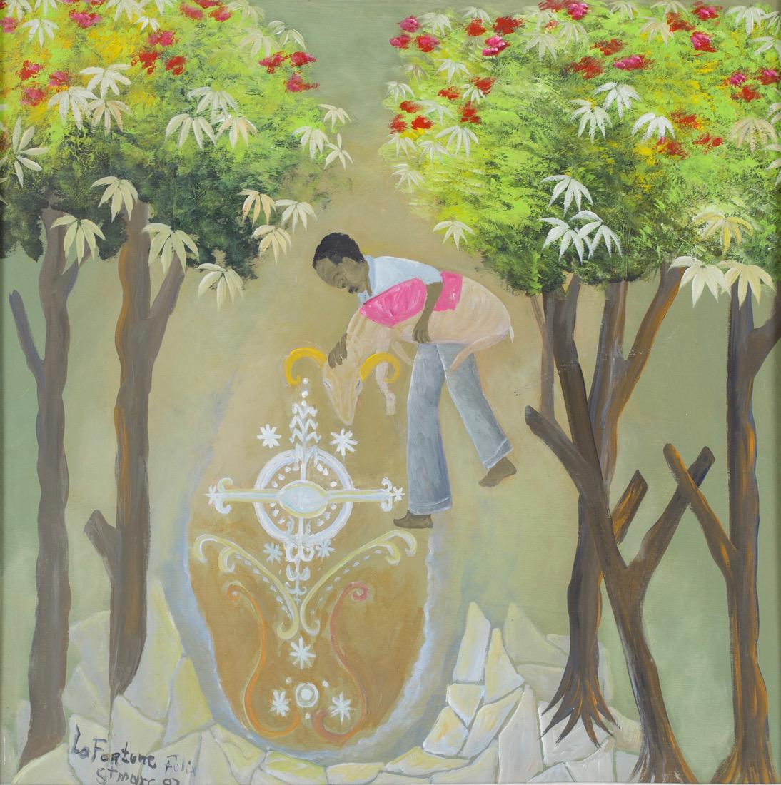 LaFortune Felix (Haitian) Ceremony with Veve, d. 1987,: LaFortune Felix (Haitian/Aritbonite, 1933-2016) Ceremony with Veve, dated '87 Oil on masonite, 22 x 21 3/4 in. Framed 23 1/8 x 23 1/4 in. Provenance: Dr. Bob Brictson Estate Lot essay: From the fertil