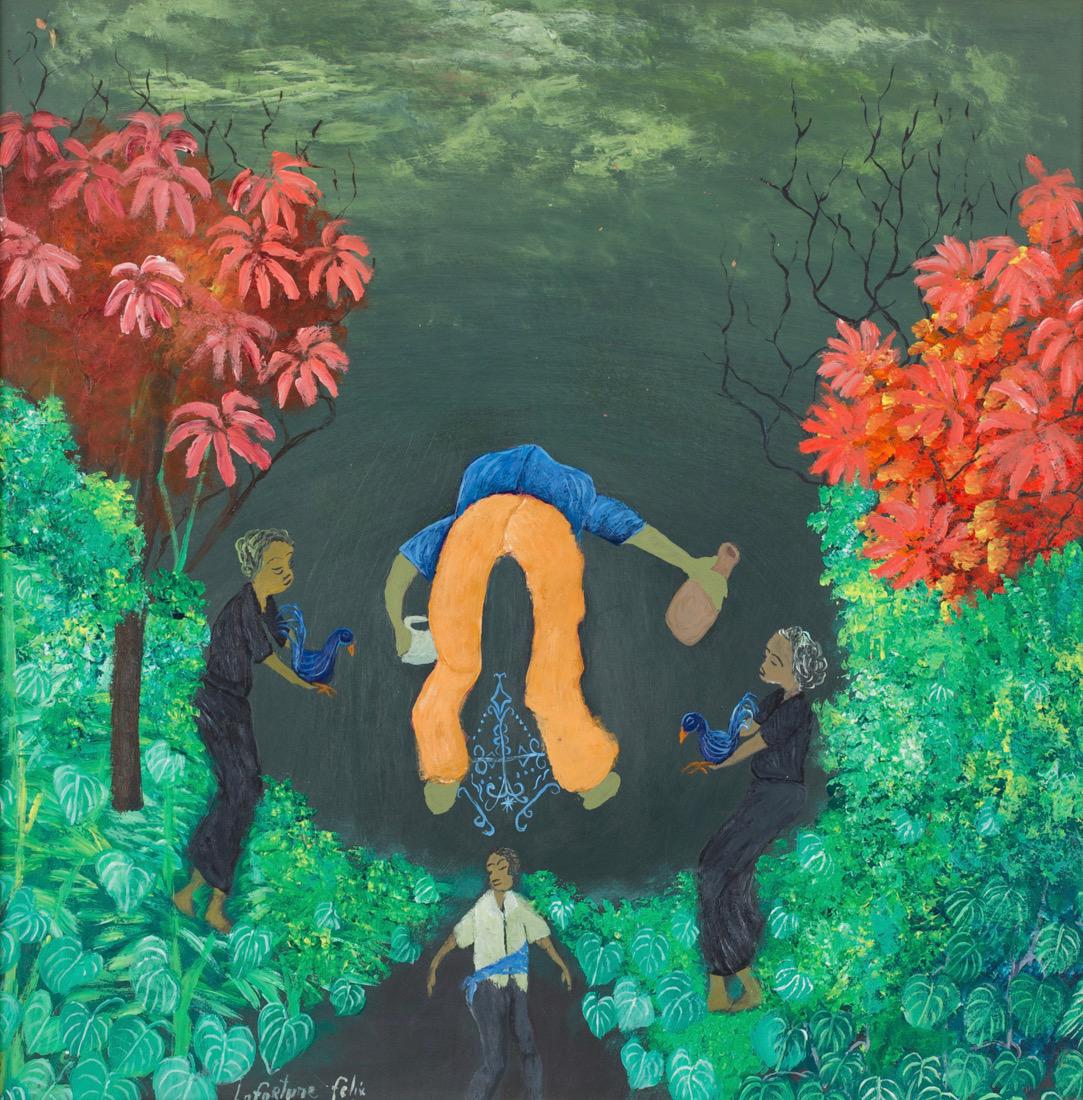 LaFortune Felix (Haitian), Vodou Ceremony,: LaFortune Felix (Haitian/Aritbonite, 1933-2016) Mai tre Carre Four dit, Jean Zinga Dated 1983 Oil on masonite, 22 1/8 x 22 in. Framed 23 1/2 x 23 1/8 in. Provenance: Dr. Bob Brictson Estate Lot essay: