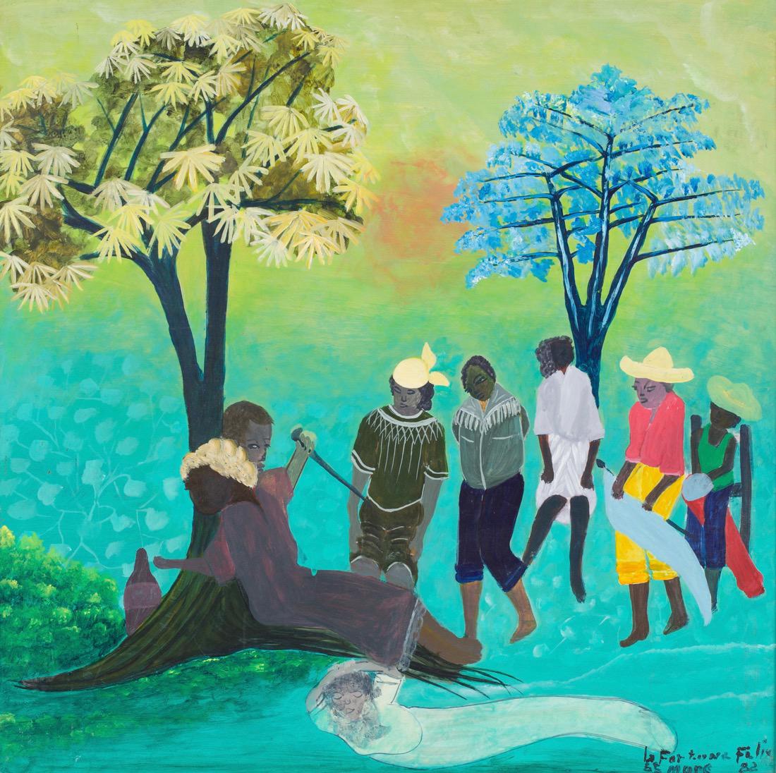 LaFortune Felix (Haitian) Spiritual Recall, Haiti: LaFortune Felix (Haitian/Aritbonite, 1933-2016) Spiritual Recall by Waters, dated '82 Oil on masonite, 24 x 24 in. Framed 24 7/8 x 24 7/8 in. Provenance: Dr. Bob Brictson Estate Lot essay: From the fe