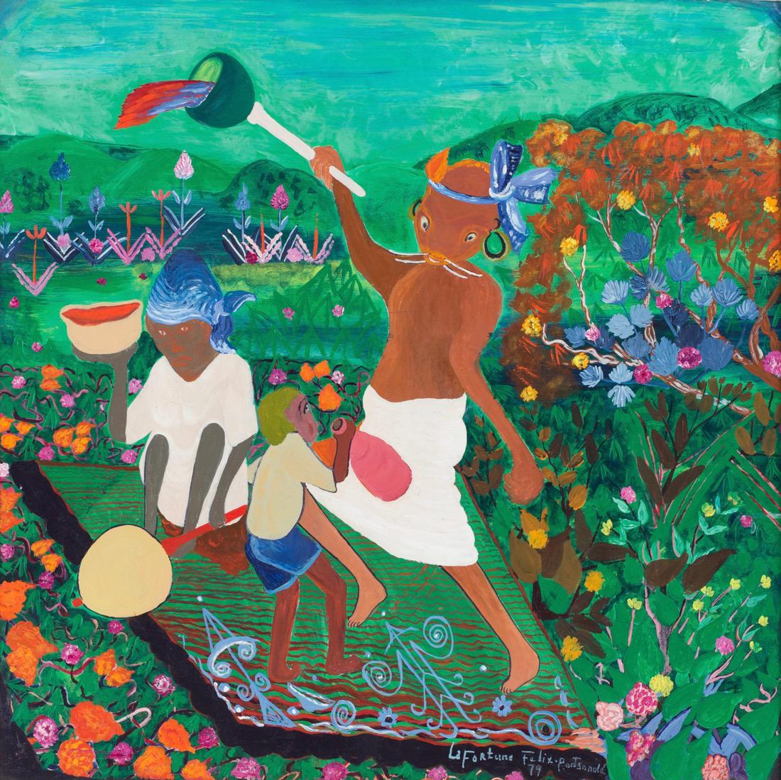 LaFortune Felix (Haitian) Ceremony Transformation, d.: LaFortune Felix (Haitian/Aritbonite, 1933-2016) Ceremony with Animal Transformation, dated 1979 Oil on masonite, 24 x 24 in. Framed 28 7/8 x 29 in. Provenance: Dr. Bob Brictson Estate Lot essay: From 