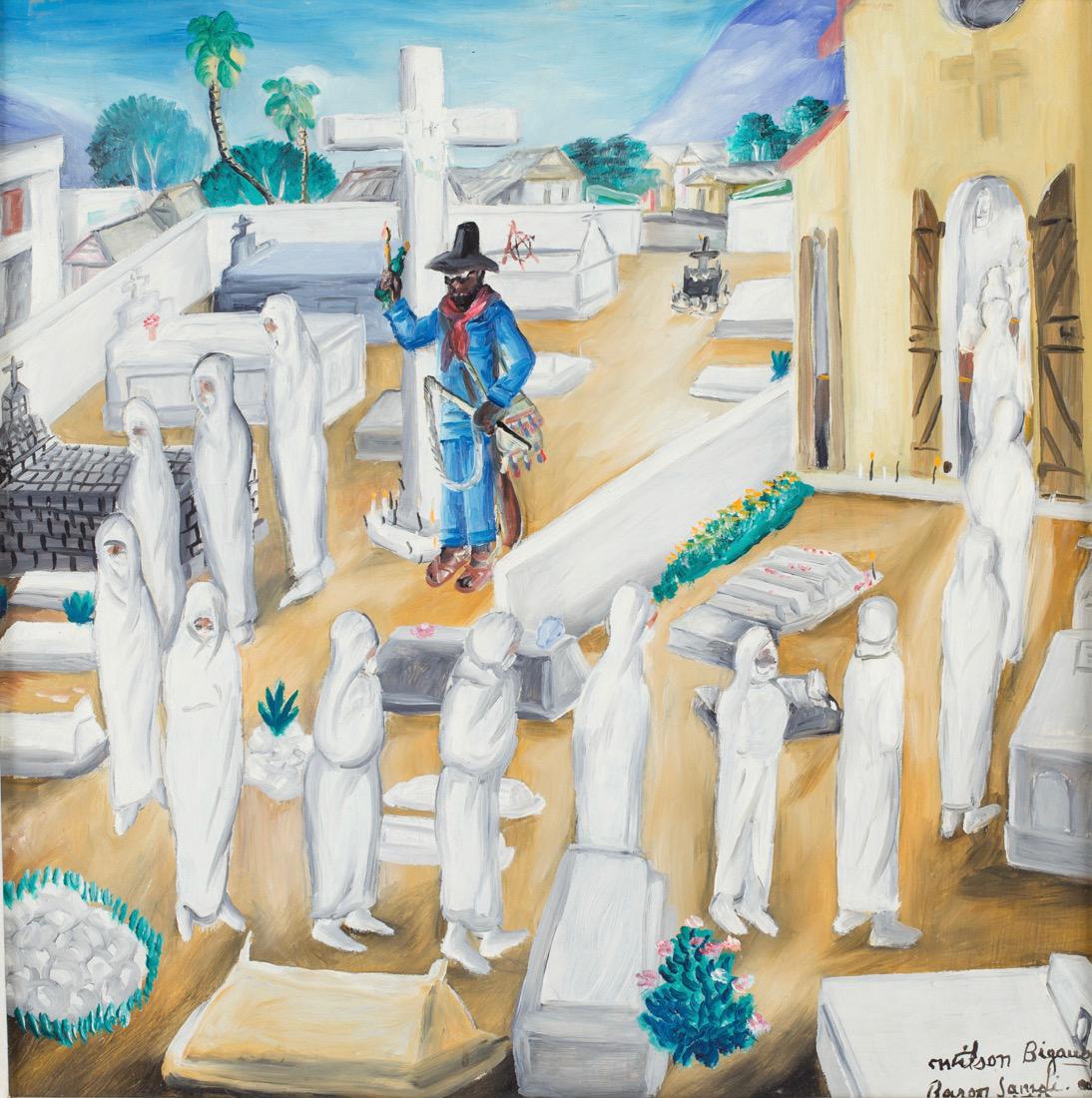 Wilson Bigaud (Haitian) Baron Samedi/Parade of Souls,: Wilson Bigaud (Haitian/Port-au-Prince, 1931) Baron Samedi/Parade of Souls, c.1970's Oil on masonite, 24 x 24 in. Framed 24 3/4 x 24 3/4 in. Provenance: Bob Bricston Estate Lot Essay: Wilson Bigaud is 