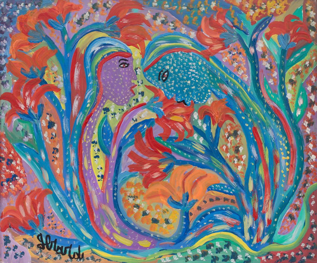 Gerard (Fortune) (Haitian) Marassa,: Gerard (Fortune) (Haitian/Petionville, b. 1933) Marassa (Twins), 1990's Oil on masonite, 20 x 24 Framed 20 7/8 x 25 in. Provenance: Dr. Bob Brictson Estate Lot Essay: Spiritual enlightenment and whims