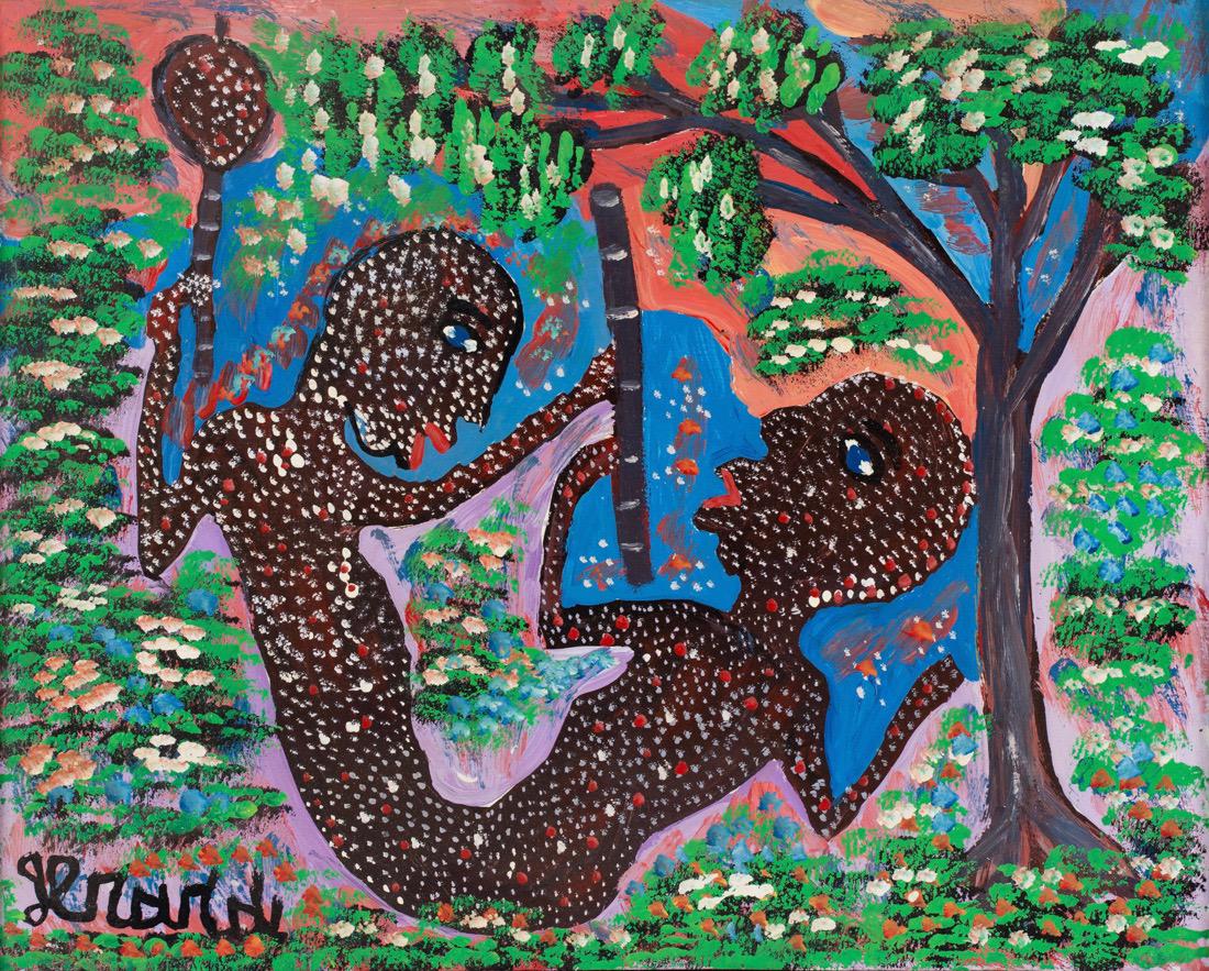 Gerard (Fortune) (Haitian) Spiritual Rara Musicians,: Gerard (Fortune) (Haitian/Petionville, b. 1933) Spiritual Rara Musicians, c. 1980's Oil on masonite, 16 x 20 in. Framed 16 7/8 x 20 3/4 in. Provenance: Dr. Bob Brictson Estate Lot Essay: Spiritual enl