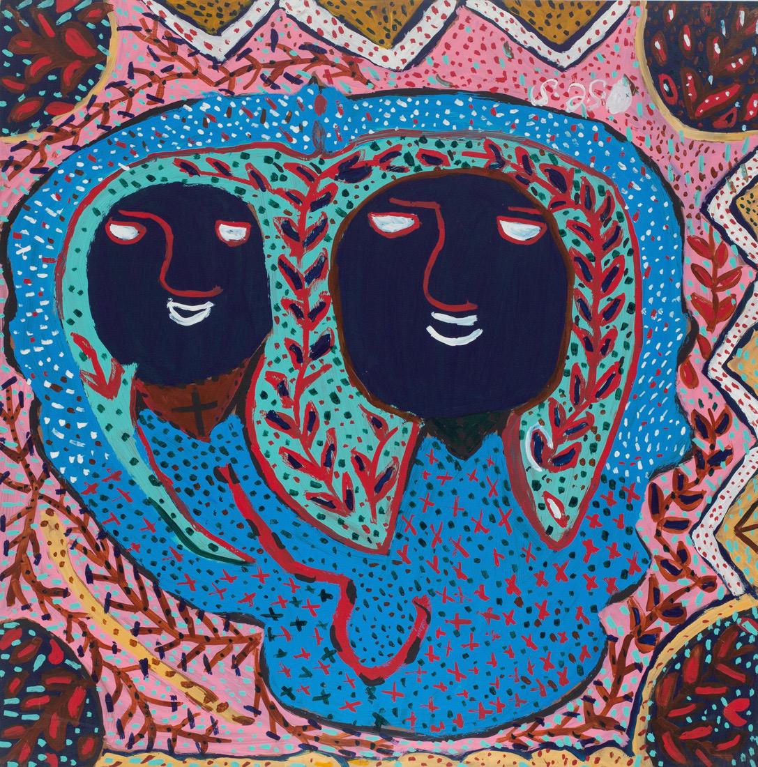Saint-Jacques Smith (Haitian) Two Blue Loas, Haiti: Saint-Jacques Smith (Haitian/Soissons-la-Montagne, 1943-2009) Untitled (Two Blue Loas), circa 1970's Oil on masonite, 24 x 24 in. Unframed Provenance: Dr. Bob Brictson Estate