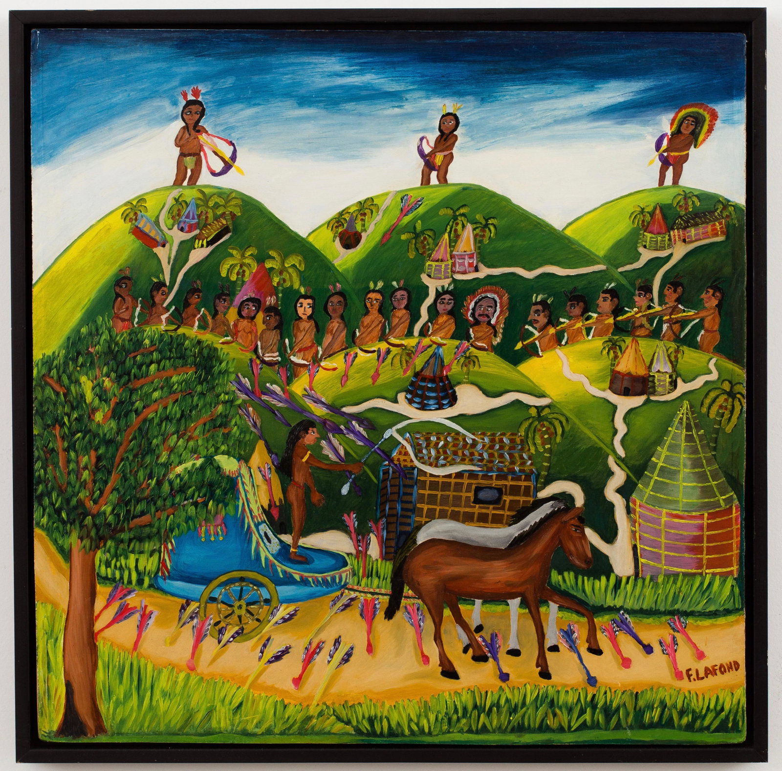 F. LaFond (Haitian/Haiti) Arawak Scene, Caribbean: F. LaFond (Haitian/20th Century) Arawak Scene Oil on masonite, 24 x 23 7/8 in. Framed dimensions: 25 1/4 x 25 1/4 in. A less-known artist from the Jonathan Demme estate. Demme enjoyed collecting these