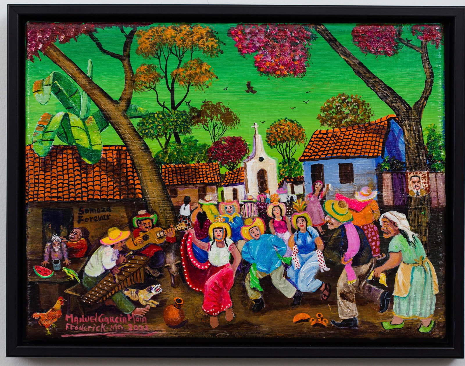 Manuel Garcia Moia (Nicaraguan/Nicaragua) Latin: Manuel Garcia Moia (Nicaraguan/Masaya, b.1936) Marimba Bands plays for Town Dance (Somoza signs with Chruch in background) Oil on canvas, 9 x 12 inches Framed dimensions: 10 x 13 nches Lot Essay: Manu