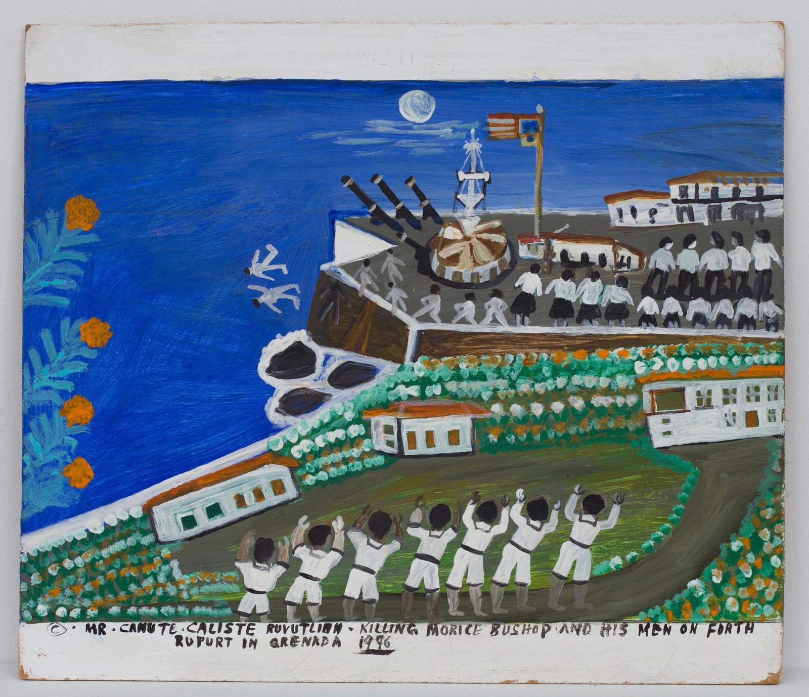 Canute Caliste (Grenadines/Carriacou) Caribbean, Folk: Canute Caliste (Grenadines/Carriacou, 1914-2005) 'Mr. Canute Caliste Ruvutlion (Revolution), Killing Morice Bishop and His Men on Forth Rupurt in Granada, 1996"' Acrylic on masonite, 14 1/8 x 16 1/4 i