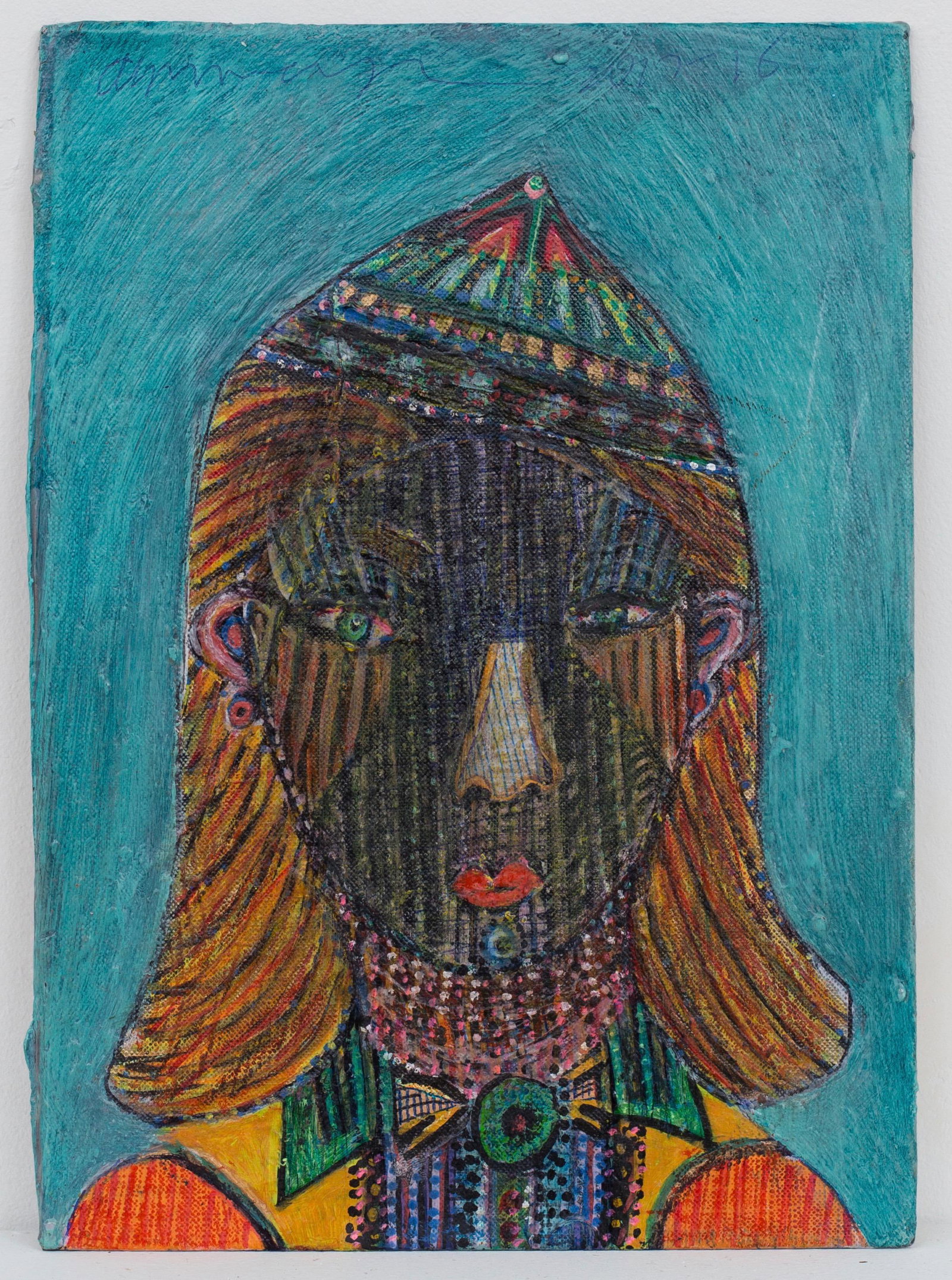 Anne Grgich (American) Portrait Seneca, Self-taught: Anne Grgich (American) Seneca, 2017-2018 Mixed media on found board 10 5/8 x 7 5/8 inches not framed Lot essay: Anne Grgich has incredible ways of creating layered work. Art that re-conceives texture 