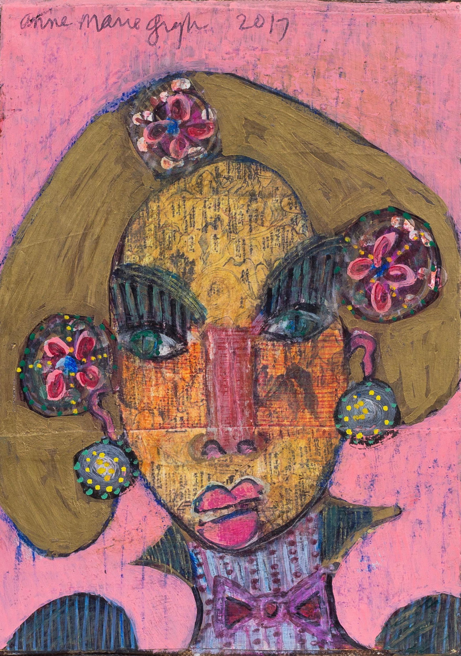 Anne Grgich (American) Portrait, Self-taught: Anne Grgich Mr. Thumbelina Oil on canvas, 7 x 5 inches Unframed Lot Essay: Having been a punk rocker, Anne engages with expressive movement, her work a gathering of her life's journey as well as an en