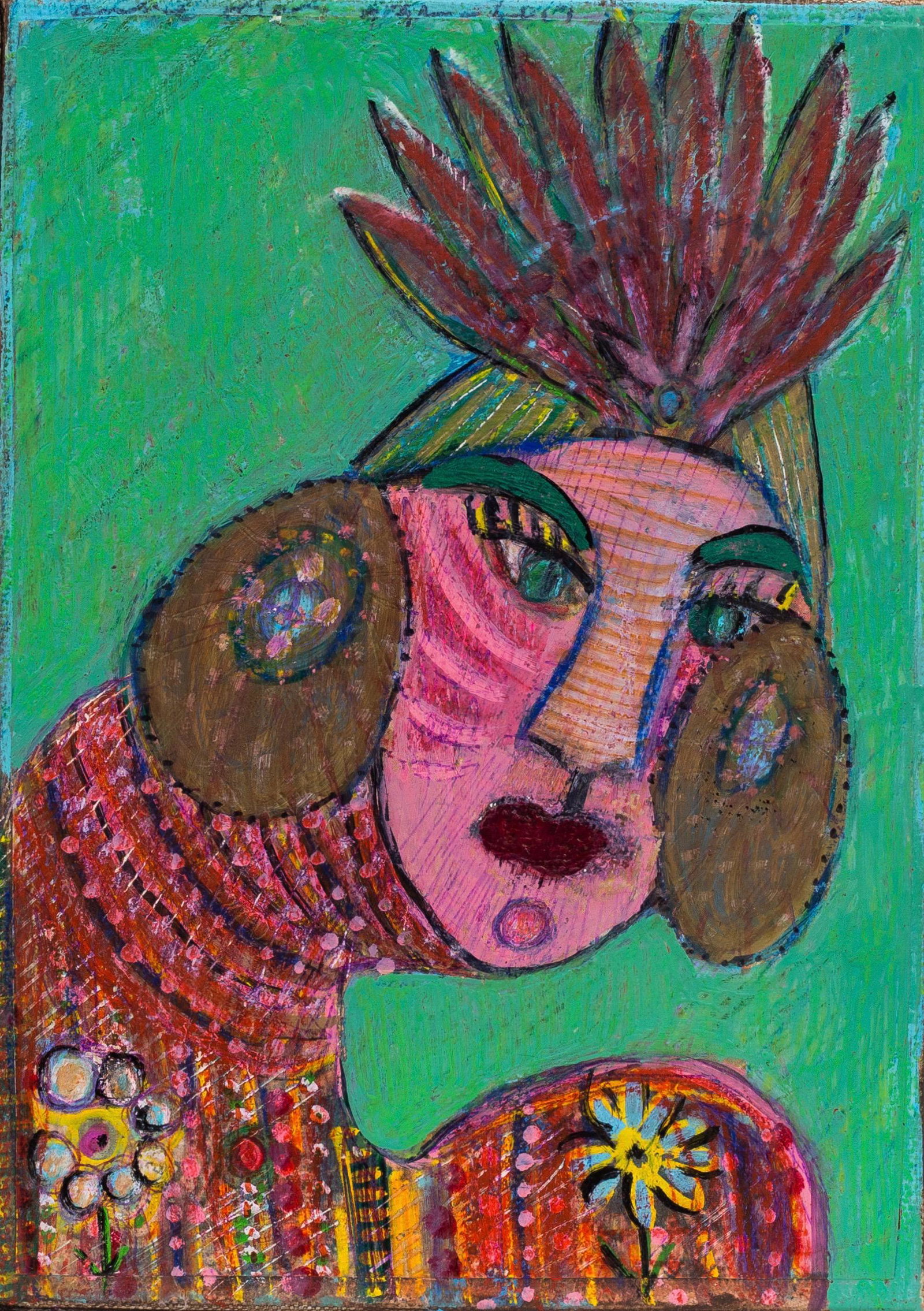 Anne Grgich (American) Portrait, Self-taught: Anne Grgich (American) Caterpillar in Drag Oil on canvas, 7 x 5 inches Unframed Lot Essay: Having been a punk rocker, Anne engages with expressive movement, her work a gathering of her life's journey 