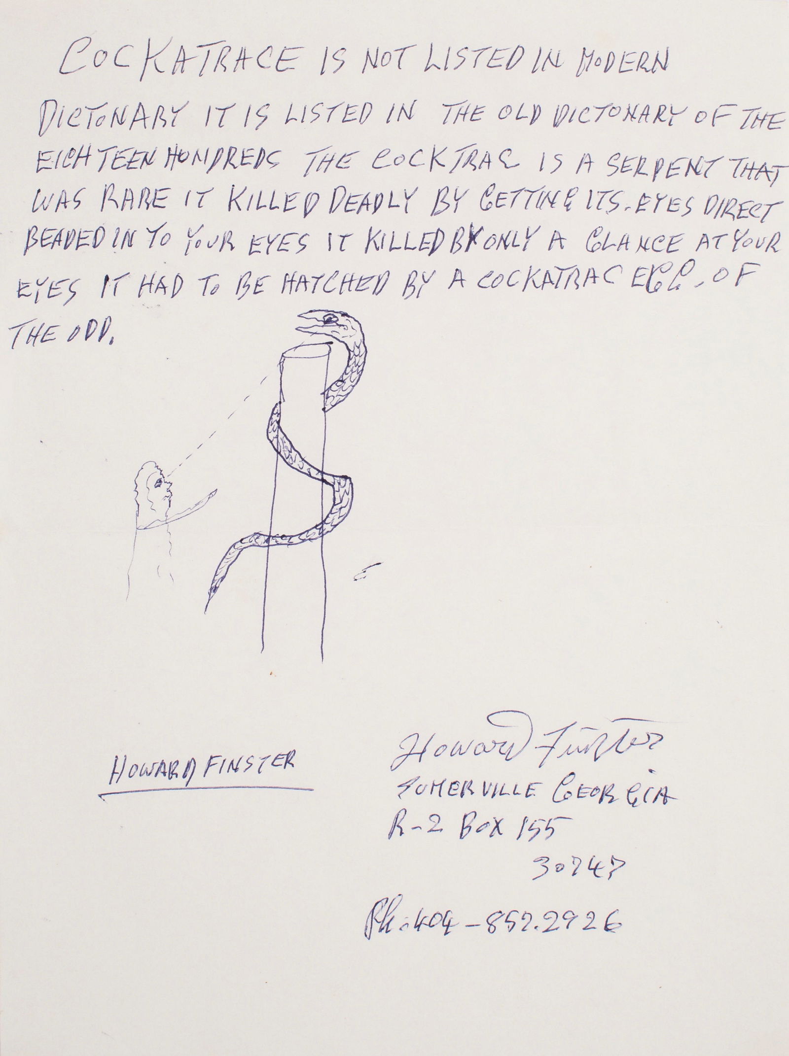 Howard Finster (American) Cocktrace, dated 1979, Letter (1 of 2)