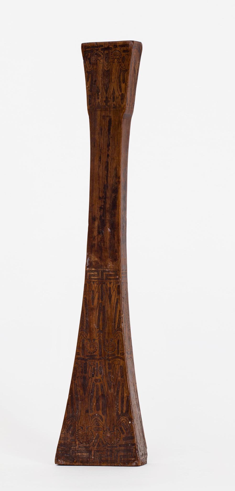 Tribal/Ceremonial Club Geometrical Figures: Tribal/Ceremonial Club Geometrical Figures Aboriginal/Maori/Oceanic (not determined) Overall carved intricate geometric designs. Dark brown patina. Dimensions: 14 3/4 x 3 x 1 1/4 inches We have not de