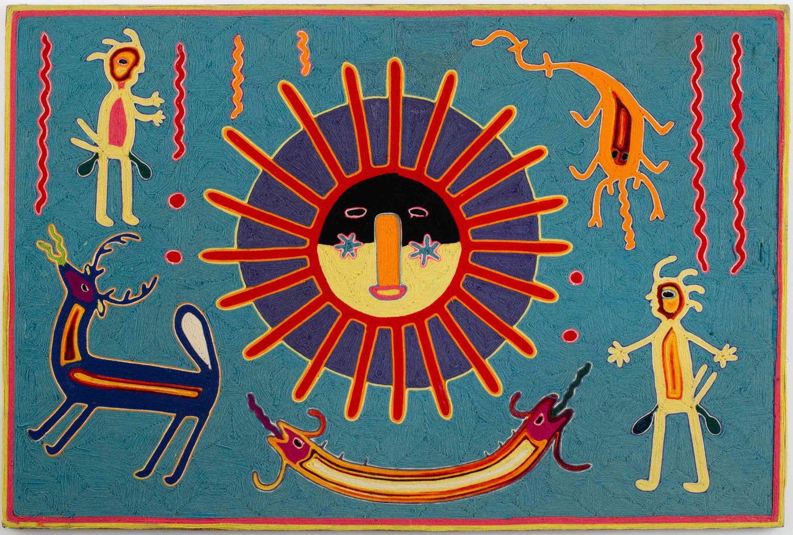 Huichol Mexican/Mexico Retablo, Sun, Deer, Shaman (1 of 1)