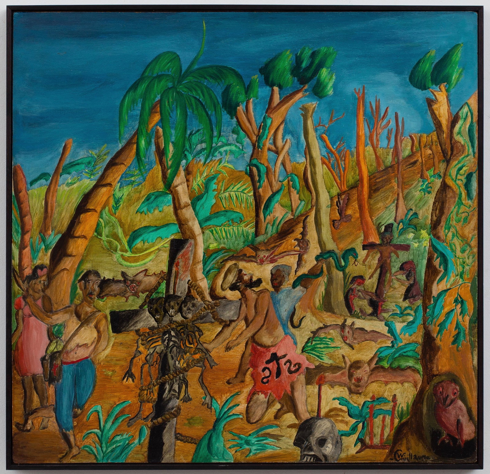 Walter Guillame (Haitian/Haiti) Enchanted Forrest: Walter Guillaume (Haitian/20th Century) Le Bois Enchante (The Enchanted Forest), c. 1962 Oil on masonite, 23 x 23 3/4 inches Framed dimensions: 23 3/4 x 24 3/8 inches Exhibited/Illustrated: Island on 