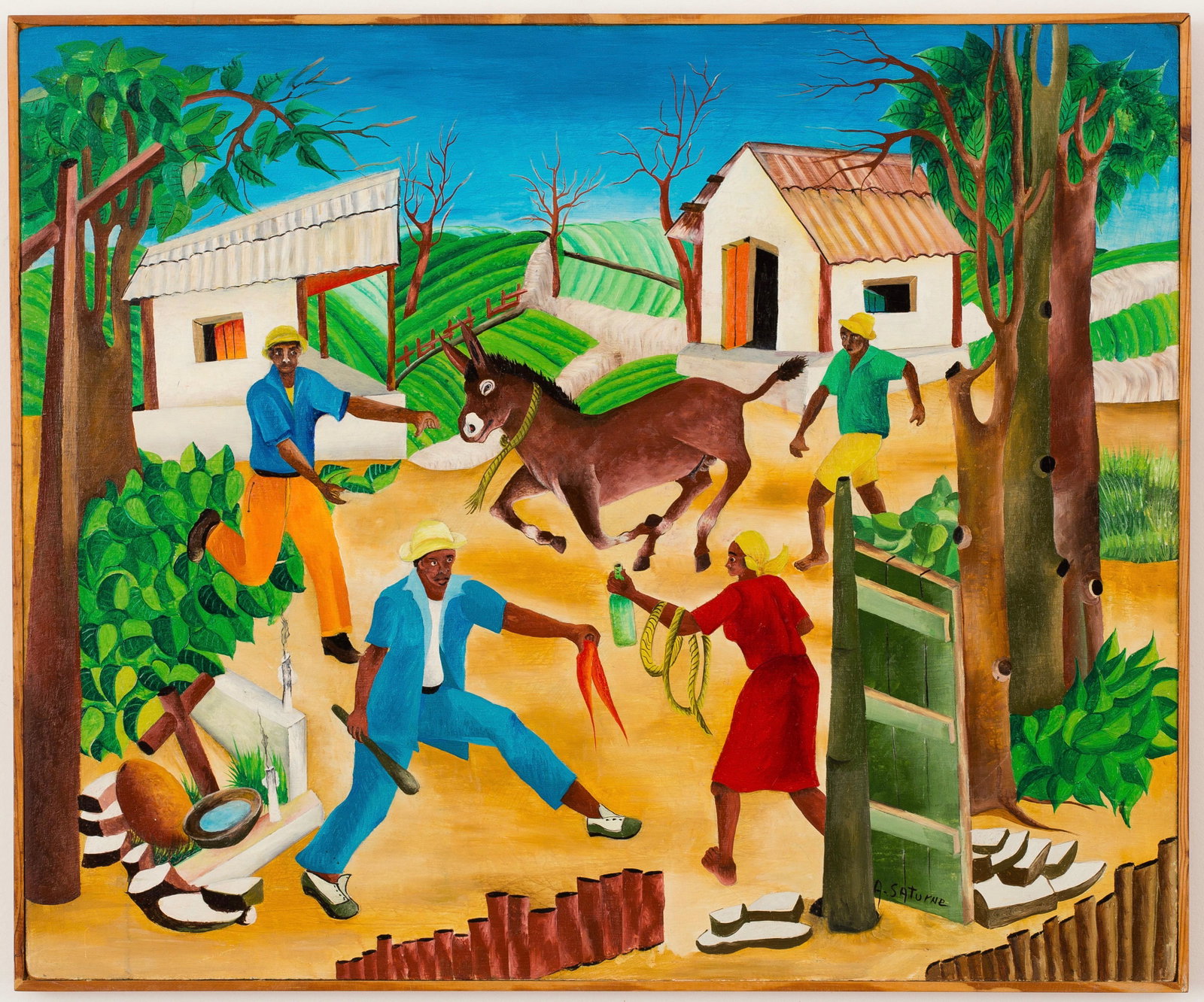 Andre Saturne (Haitian/Haiti) Runaway Donkey, circa: Andre Saturne (Haitian/Petionville, 1927-1983) Catching Runaway Donkey, circa 1960 Oil on masonite, 19 7/8 x 24 1/8 inches Framed dimensions: 20 3/8 x 24 1/2 inches Lot Essay: Inspired by J.E. Gourgue