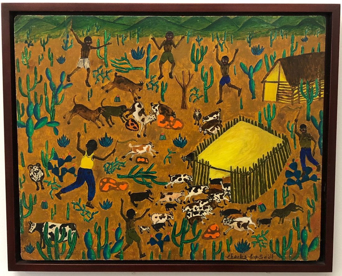 Charles Esp Saul (Haitian/Haiti) Farm, Caribbean: Charles Esp Saul (Haitian/20th Century) Goat Herding Farm Oil on masonite, 16 x 20 inches Framed dimensions: 17 1/2 x 21 1/2 inches