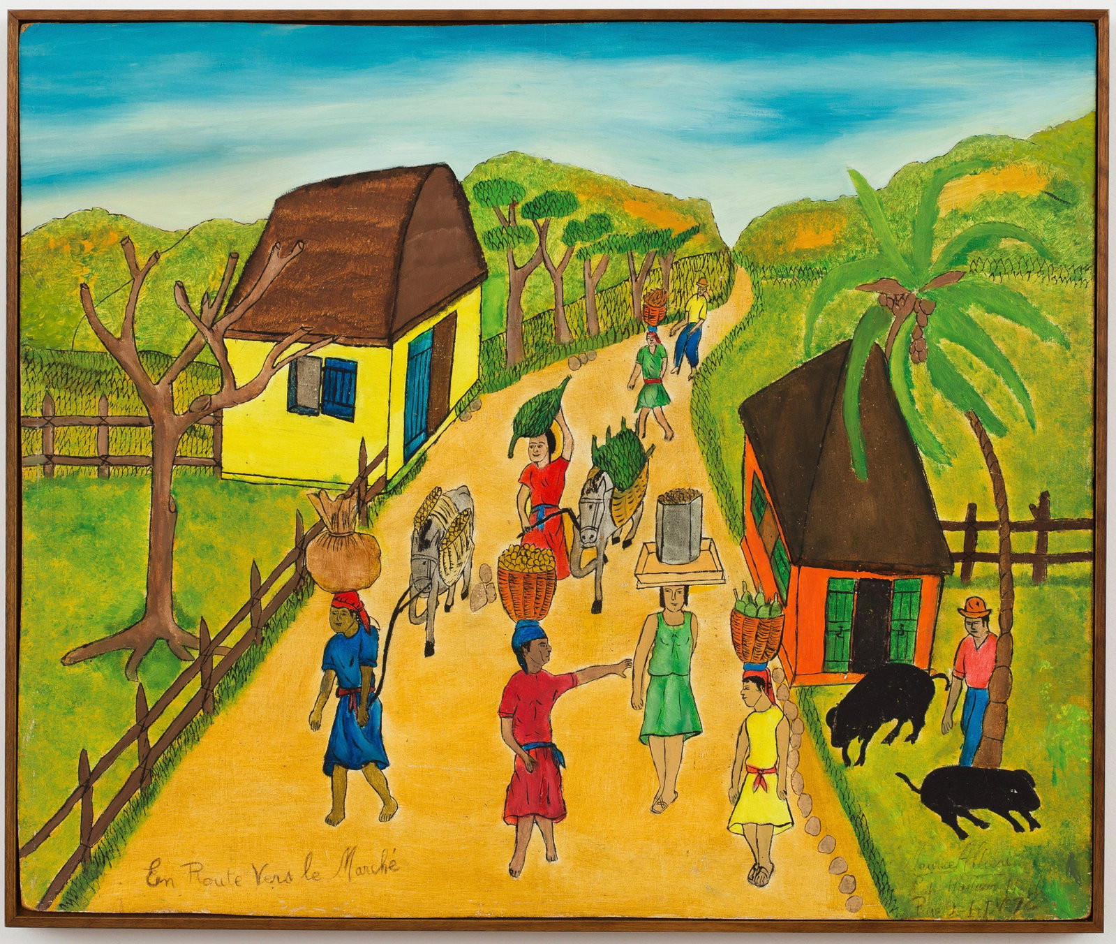 Maurice Altieri (Haitian/Haiti) Market Road, 1970s: Maurice Altieri (Haitian/Cap-Haitien, 20th c.) En Route Vers le Marche, circa 1970's Oil on masonite, 20 x 24 inches Framed dimensions: 20 5/8 x 24 3/4 inches A less-known artist from the Jonathan Dem