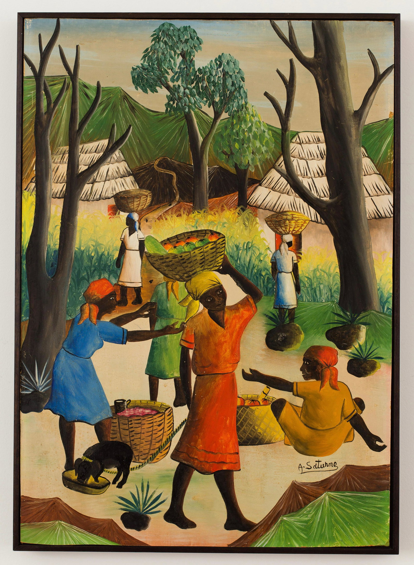 Andre Saturne (Haitian/Haiti) Market with Cochon, 1960s: Andre Saturne (Haitian, 1927-1983) Village Market with Cochon Creole, 1960's Oil on masonite, 23 3/4 x 16 5/8 inches Framed dimensions: 24 3/8 x 17 3/8 inches Lot Essay: Inspired by J.E. Gourgue and A