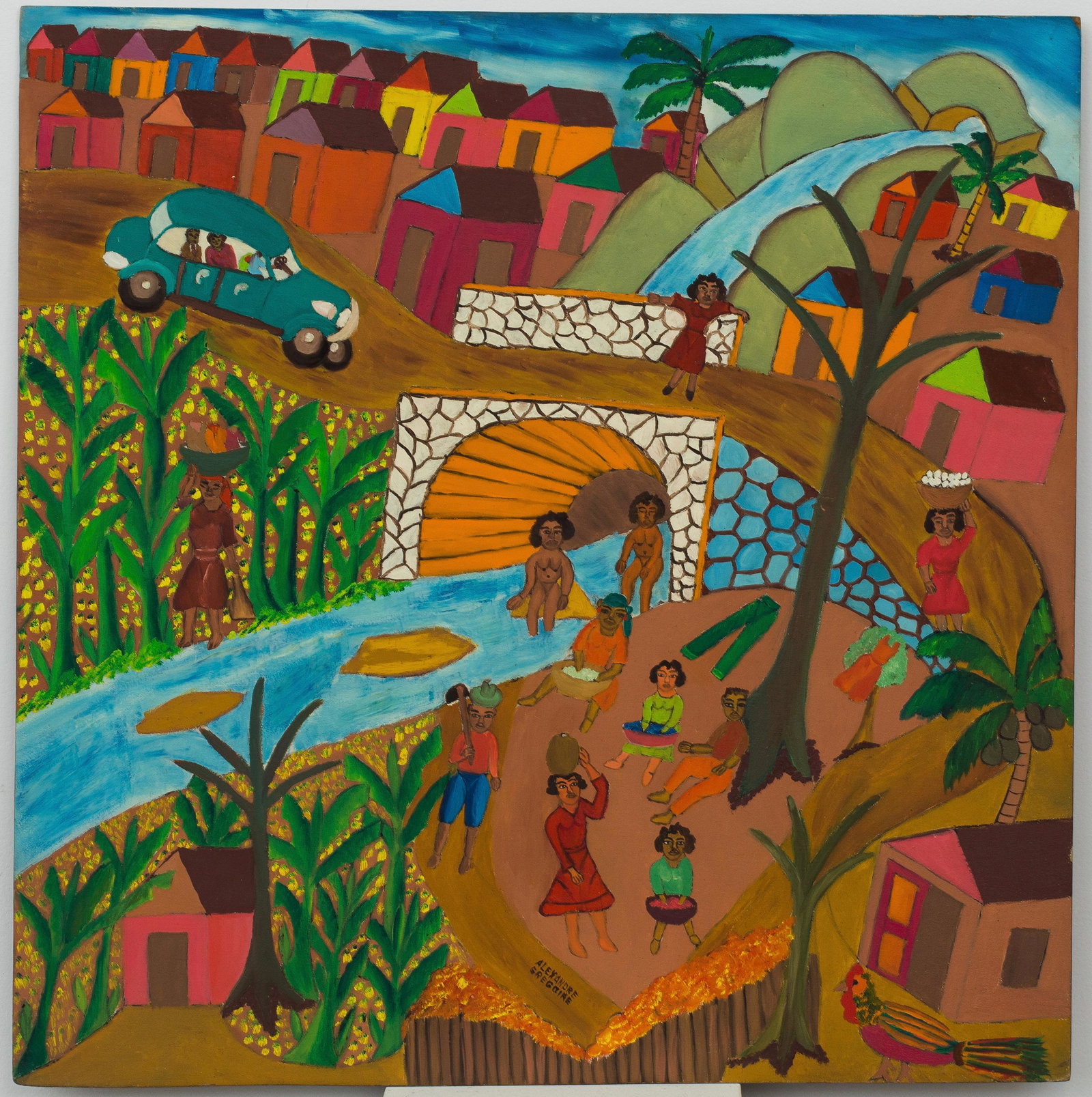 Alexandre Gregoire (Haitian/Haiti) Wash Day, Caribbean: Alexandre Gregoire (Haitian/Jacmel, 1922-2001) Wash Day, c. 1968 Oil on masonite, 24 x 24 inches Unframed Lot Essay: A musician and military saxophone player, Gregoire, with the encouragement of the a