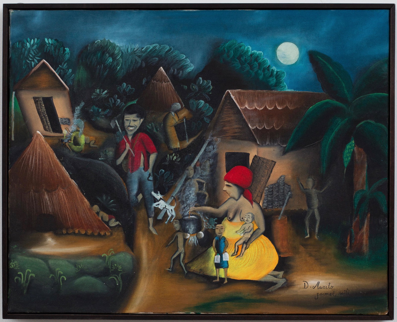 D. Maxito (Haitian/Haiti) Jacmel Rural Family Scene: D. Maxito (Haitian/20th Century) Jacmel Rural Family Scene Oil on canvas, 16 x 20 inches Framed dimensions: 16 1/2 x 20 1/2 inches A less-known artist from the Jonathan Demme estate. Demme enjoyed col