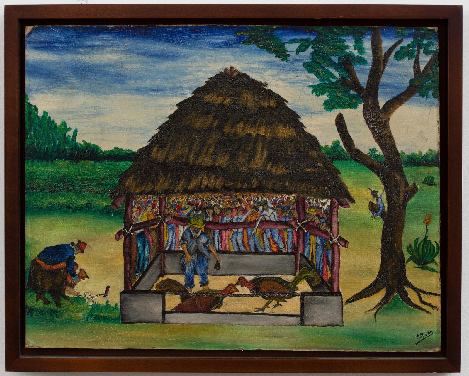A. Moron (Haitian/Haiti) Rural Cockfight, Caribbean: A. Moron (Haitian/20th Century) Cockfight Oil on board, 13 3/4 x 17 1/2 inches Framed dimensions: 15 1/2 x 19 1/4 inches A less-known artist from the Jonathan Demme estate. Demme enjoyed collecting th