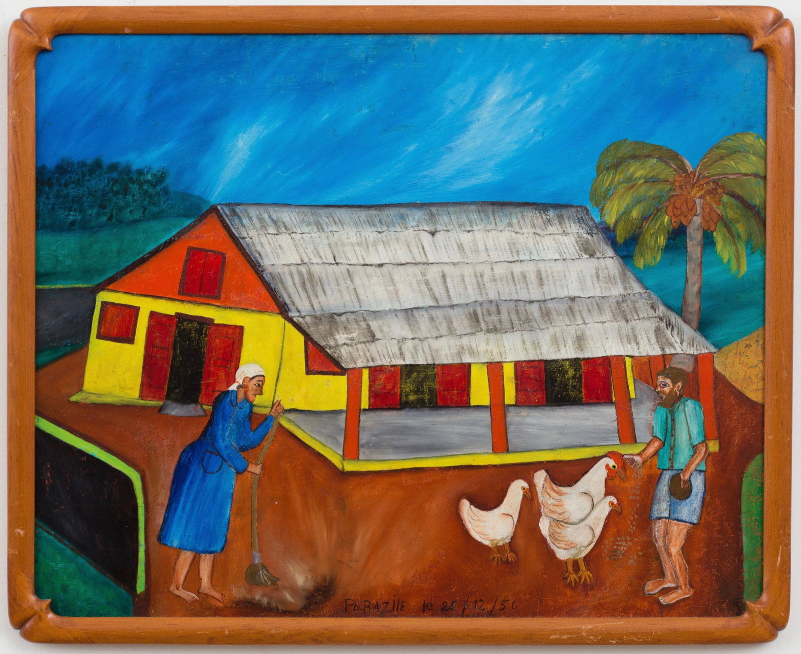 PH. Bazile (Haitian/Haiti) Chicken Yard, 1956: PH. Bazile (Haitian/20th Century) Chicken Yard, dated 25/12/56 Oil on masonite, 16 1/4 x 20 1/4 inches Framed dimensions: 17 1/4 x 21 inches A less-known artist from the Jonathan Demme estate. Demme e