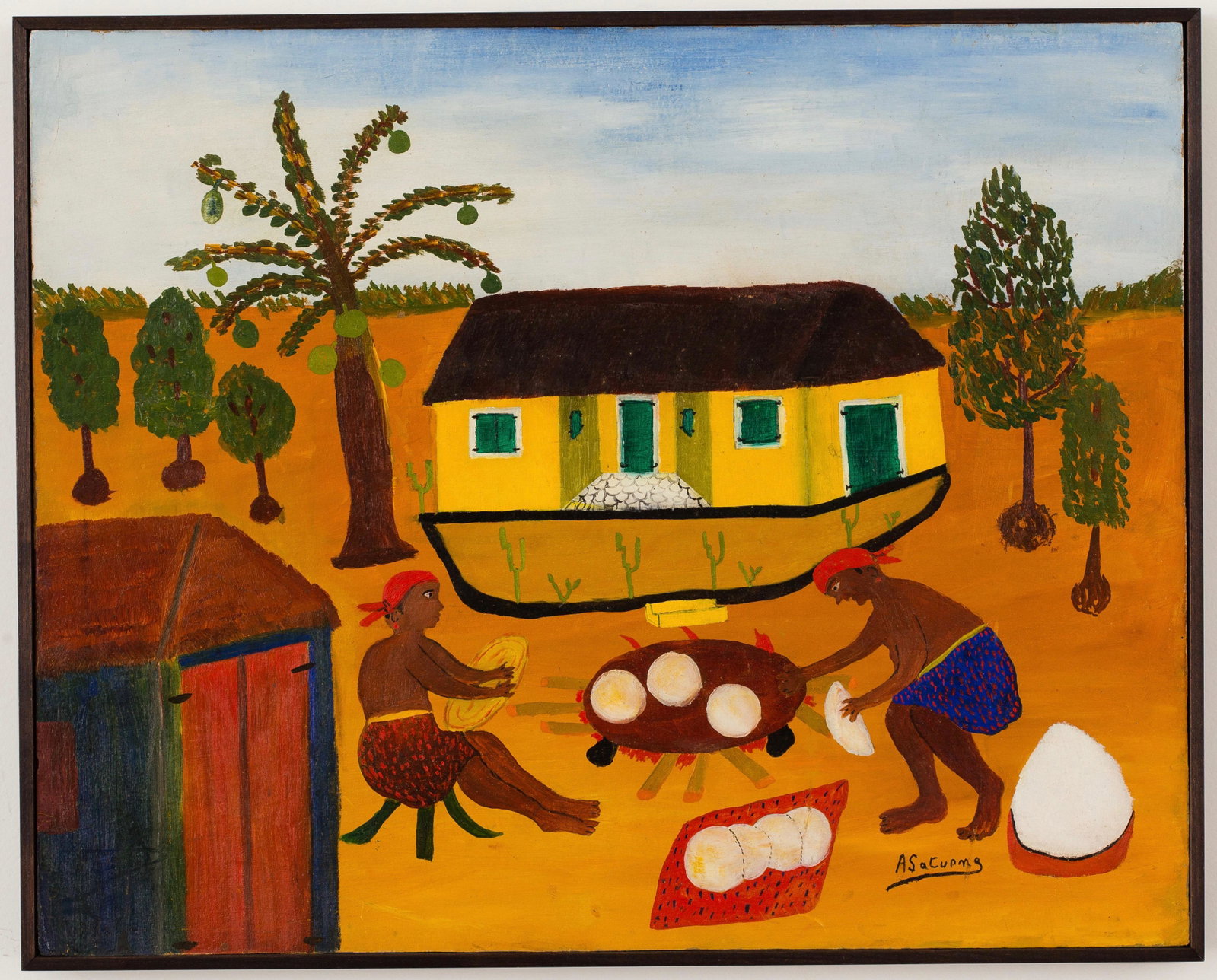 Andre Saturne (Haitian/Haiti) Preparing Millet, 1950s: Andre Saturne (Haitian/Petionville, 1927-1983) Preparing Millet, circa late 1950's Oil on masonite, 16 x 10 inches Framed dimensions: 16 1/2 x 20 1/2 inches Lot Essay: Inspired by J.E. Gourgue and And