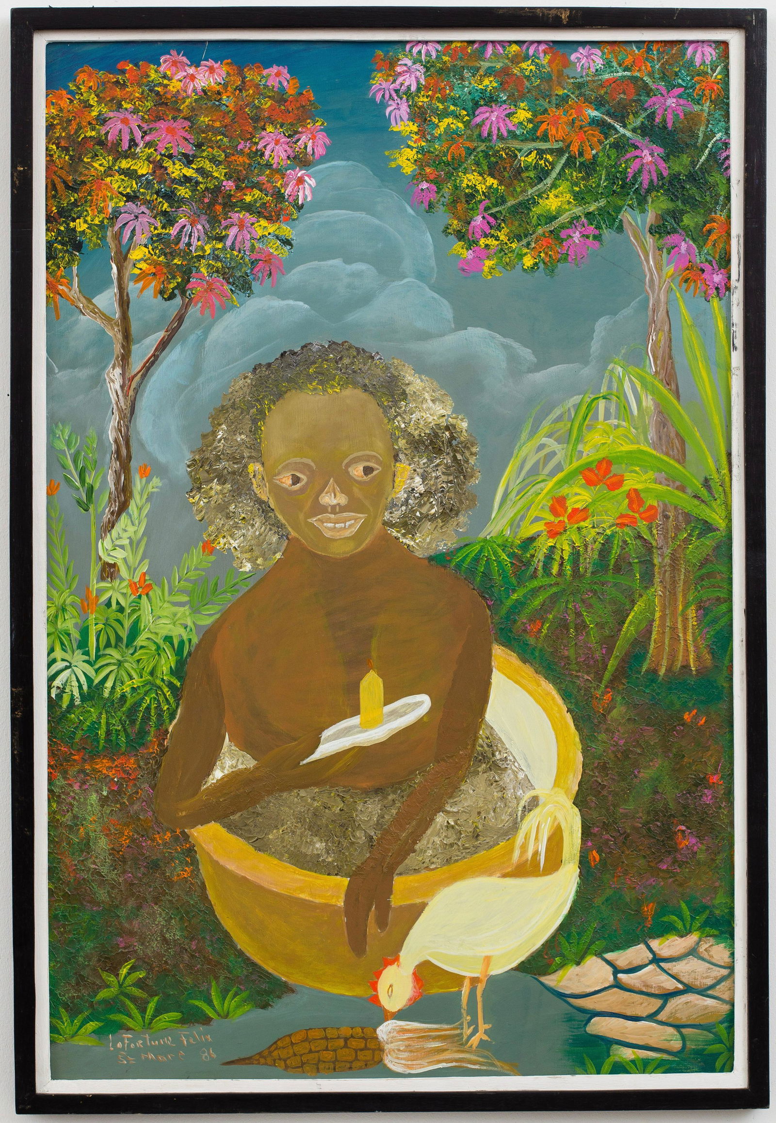 LaFortune Felix (Haitian/Haiti) Maitre Habitation: LaFortune Felix (Haitian/Aritbonite, b.1933) Maitre Habitation - Petro, St. Marc, dated 1986 Oil on masonite, 31 x 21 inches Framed dimensions: 32 1/4 x 22 1/8 inches Lot Essay: From the fertile Artib