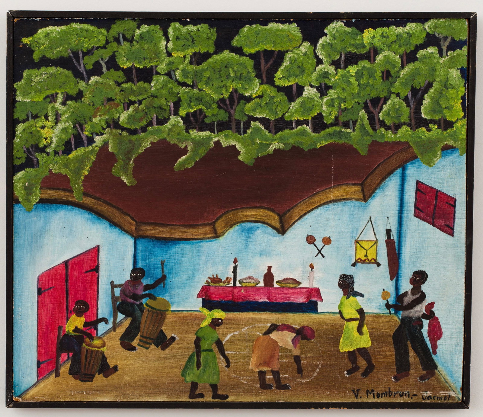 V. Mombrun (Haitian/Haiti) Indoor Ceremony, 1970s: V. Mombrun (Haitian/Jacmel, 20th c.) Indoor Ceremony, circa 1970's Oil on masonite, 15 x 17 1/2 inches Framed dimensions: 15 1/2 x 18 1/8 inches A less-known artist from the Jonathan Demme estate. Dem