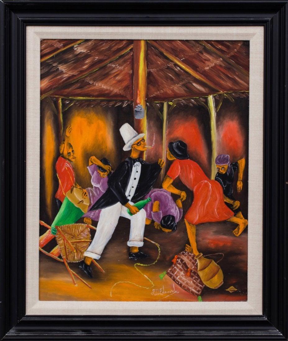 J.D. Edouard (Haitian/Haiti) Gede Ceremony, Caribbean: J.D. Edouard (Haitian/20th c.) Gede Ceremony, c. 1990's Oil on hardboard, 20 x 16 inches Framed dimensions: 25 1/4 x 21 1/2 inches