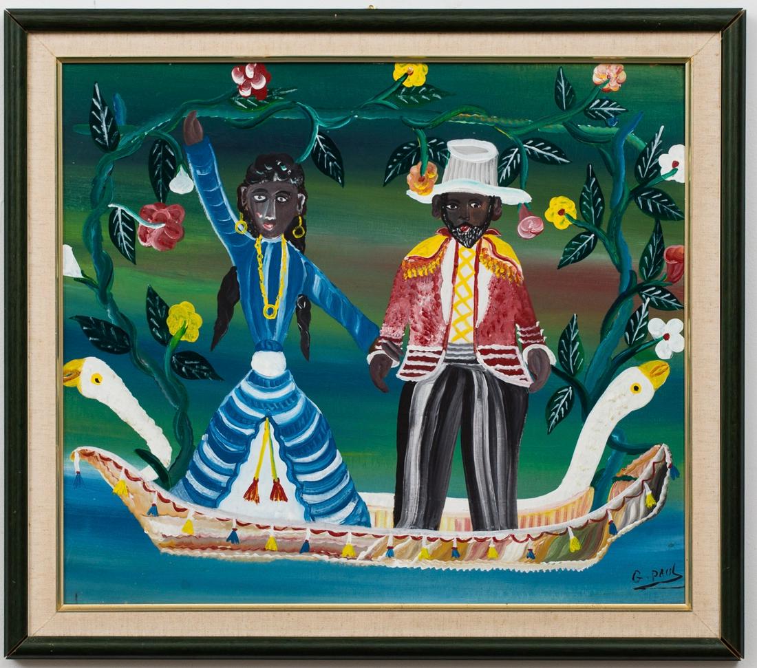 Gerard Paul (Haitian/Haiti) Loas on a Bird Boat: Gerard Paul Two Loas on a Bird Boat Oil on masonite, 19 1/2 x 23 1/4 inches Framed dimensions: 22 x 25 1/2 inches Lot Essay: Gerard Paul has been a man of many trades including mason and cabinet maker