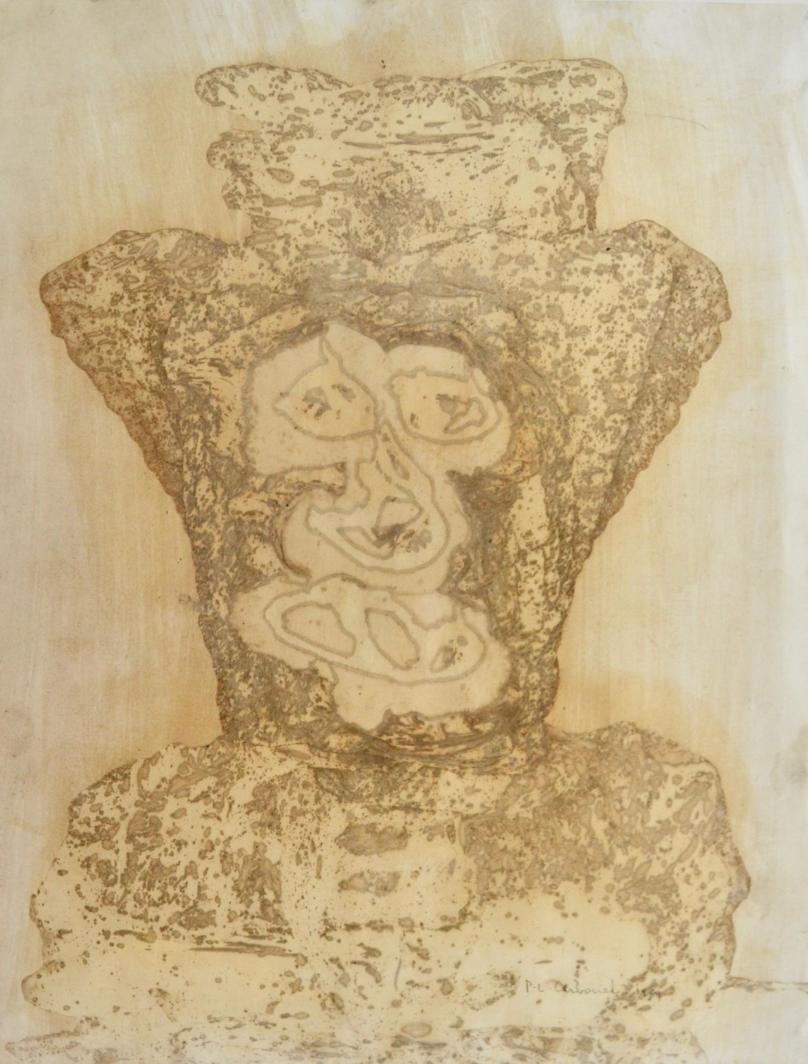 Pierre Carbonel (French/France) Portrait, Self-taught: Pierre Carbonel (French/France, b. 1925) Squashed Hat, dated 1969 Mixed media emulsions/paper 25 1/2 x 19 3/4 inches Framed dimensions: 31 1/2 x 26 1/2 inches Gallery label on verso: Luise Ross Galler
