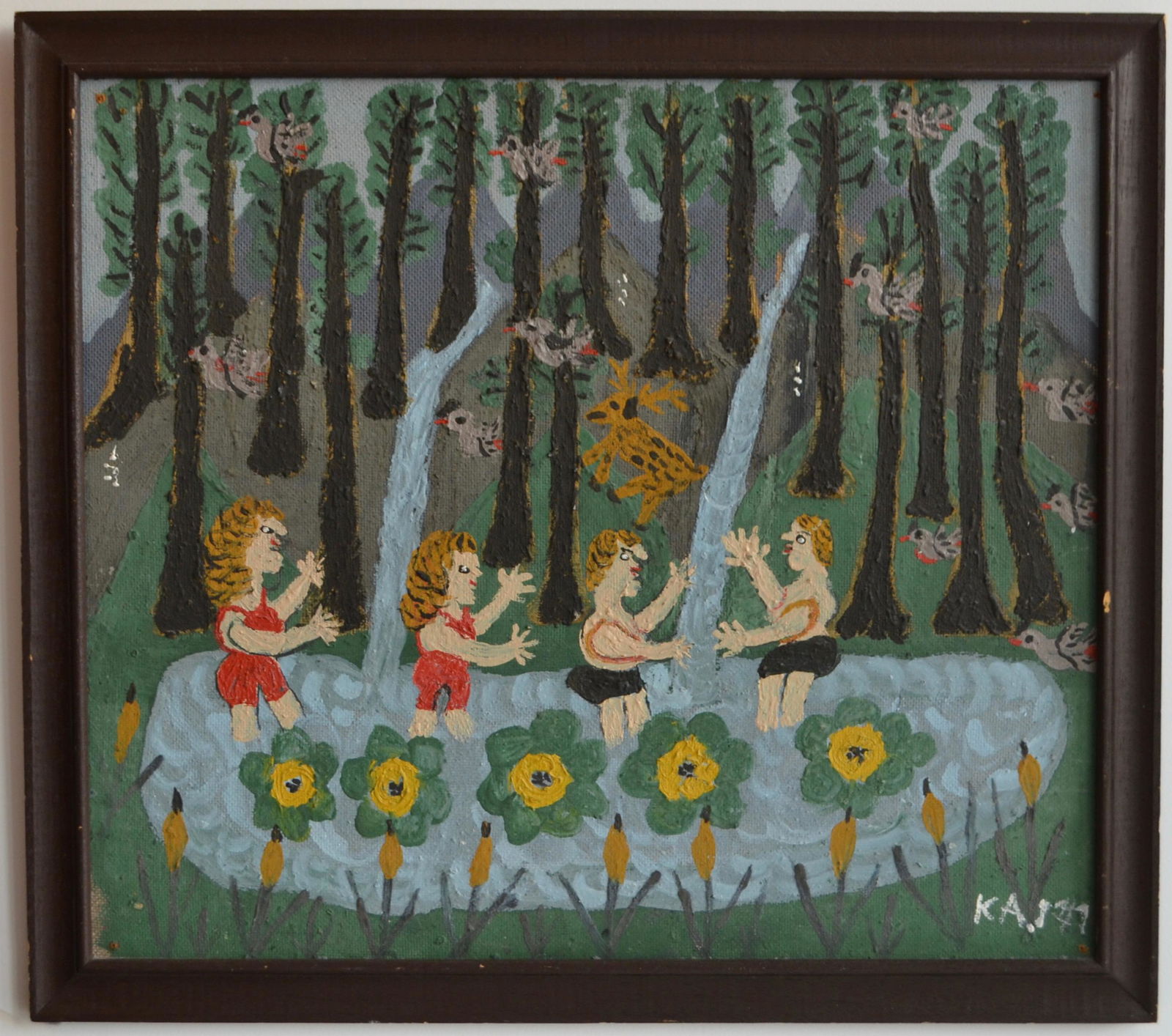 Anna Kiss (Germany/German) Swimmers by Waterfalls: Anna Kiss (German/Germany, b. 1900) Swimmers by Waterfalls (and forest animals), dated 1977 Oil on masonite, 18 12/ x 21 inches Framed dimensions: 21 1/4 x 24 inches Double sided: (Verso) Courtship of