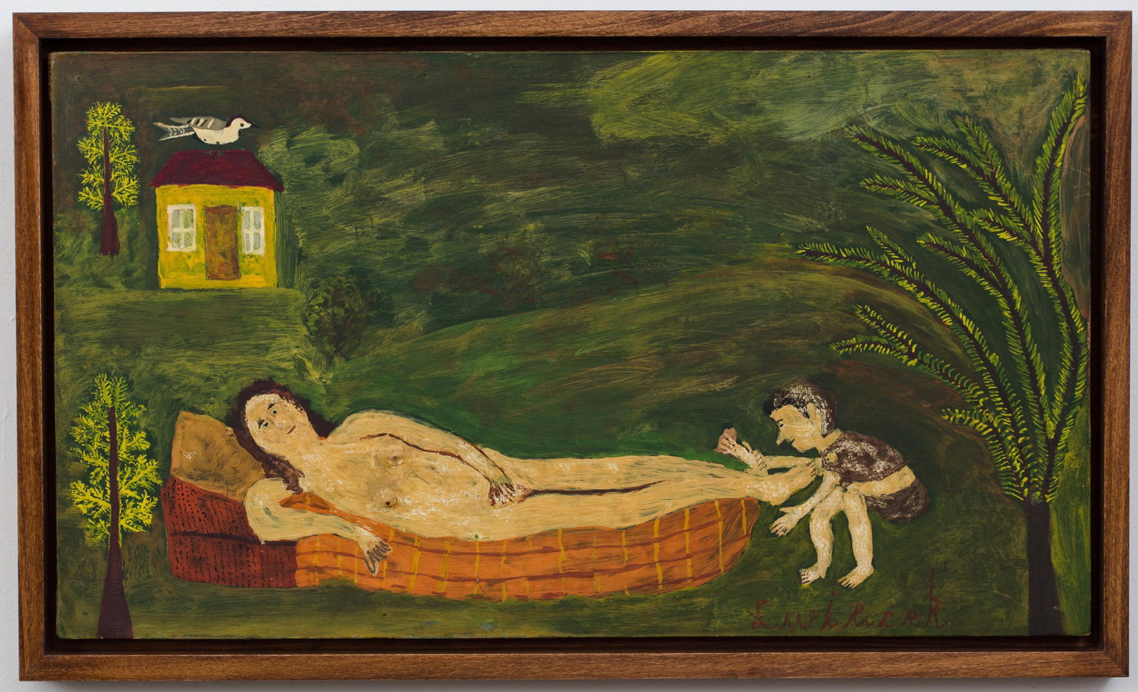 Ludwig Wiecek (Poland/Polish) Reclining Nude, 1970s: Ludwig Wiecek (Poland/Polish) Reclining Nude (feet tickled), 1970-1980 Oil on board, 13 3/4 x 24 1/4 inches Framed Ludwig Wiecek is a listed folk/self-taught artist from Poland. His work depict religi