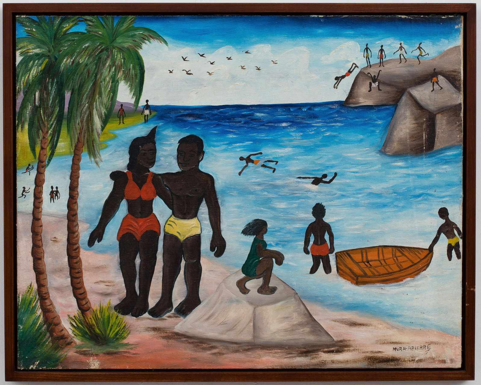 Murat Brierre (Haitian/Haiti) Seaside Fun, Caribbean: Murat Brierre (Haitian/1938-1988) Seaside Fun Oil on canvas, 23 1/2 x 29 3/4 in. Framed dimensions: 25 1/4 x 31 1/2 in. Rare to see a work on canvas by the metal sculptor Murat Brierre.