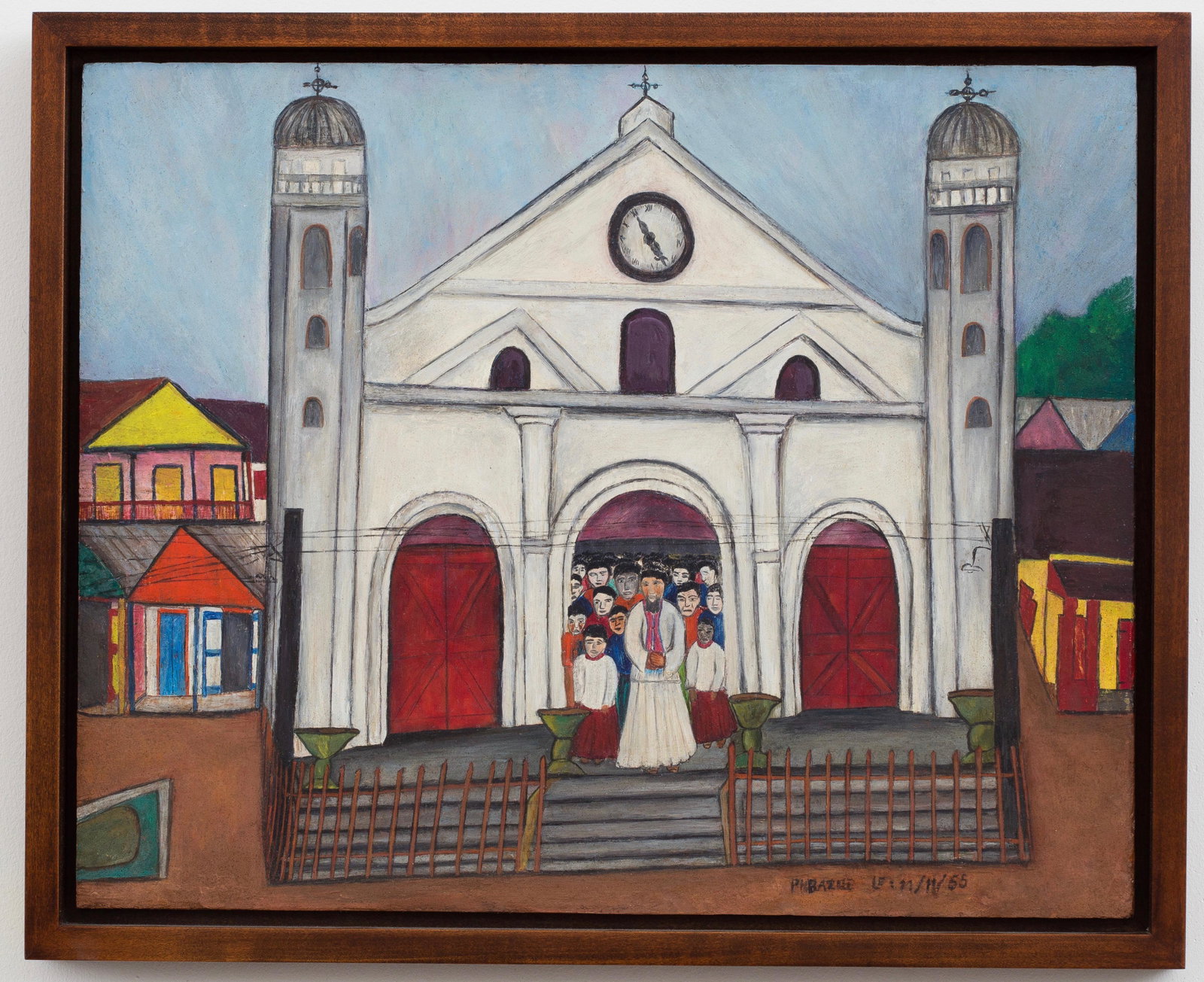 Ph. Bazile (Haitian/Haiti) After the Mass, Caribbean: Ph. Bazile (Haitian/20th Century) After the Mass, dated 11/11/55 Oil on masonite, 15 3/4 x 19 1/2 inches Framed dimensions: 17 3/4 x 21 1/2 inches A less-known artist from the Jonathan Demme estate. D