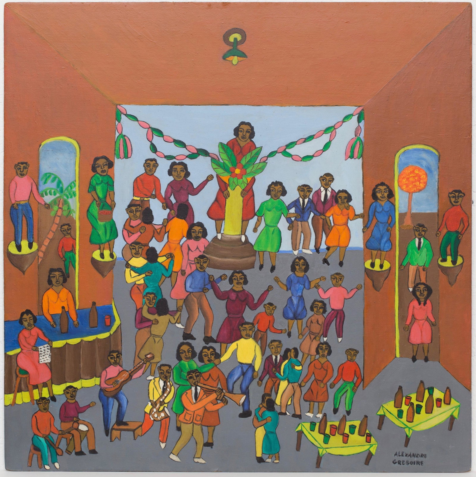 Alexandre Gregoire (Haitian/Haiti) Party, circa 1968: Alexandre Gregoire (Haitian/Jacmel, 1922-2001) Untitled (Party), c. 1968 Oil on masonite, 24 x 24 inches Unframed Lot Essay: A musician and military saxophone player, Gregoire, with the encouragement 