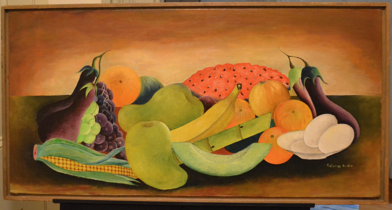 Andre Saturne (Haitian/Haiti) Still Life of Fruit: Andre Saturne (Haitian/Petionville, 1927-1983) Still Life of Fruit, c. 1970 Canvas board, 14 7/8 x 29 3/4 inches Framed dimensions: 16 x 31 inches Illustrated: Island on Fire, plate 92; page 122 Exhib