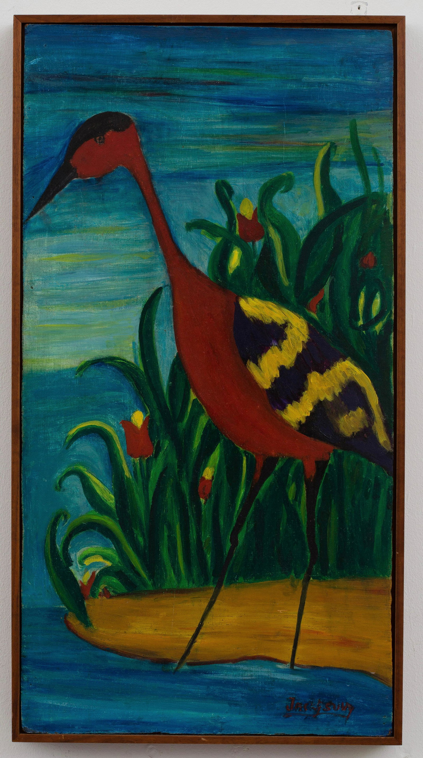 Jac Suny (Haitian/Haiti) Crane by Marsh, Caribbean: Jac Suny (Haitian/Haiti, 20th Century) Crane by Marsh Oil on masonite, 21 1/4 x 11 1/4 inches Framed dimensions: 22 x 11 3/4 inches