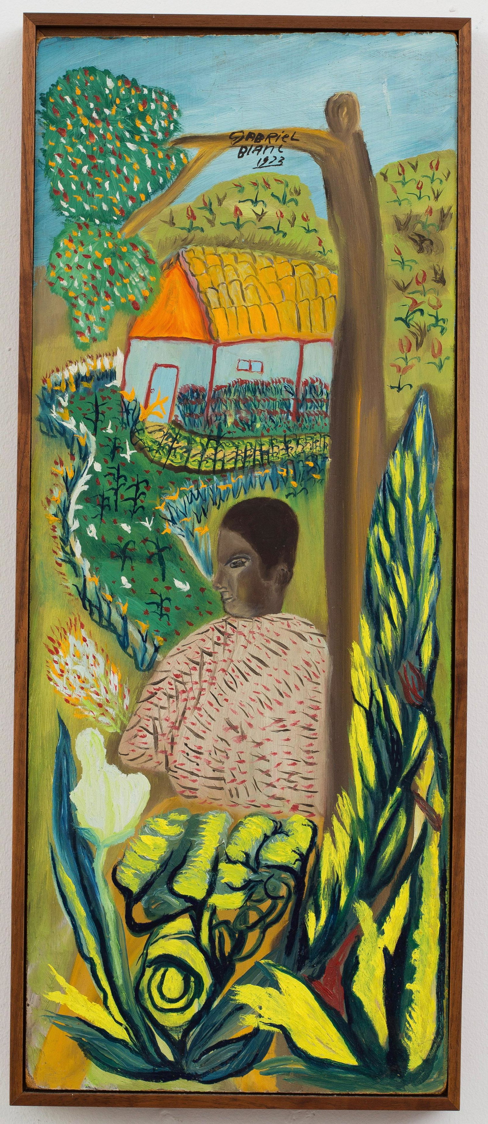 Gabriel Blanc (Haitian/Haiti) Caribbean, Self-taught: Gabriel Blanc (Haitian/20th Century) Woman by Rural House, 1973 Oil on masonite, 20 3/4 x 8 1/4 inches Framed dimensions: 21 1/2 x 8 7/8 inches A less-known artist from the Jonathan Demme estate. Demm