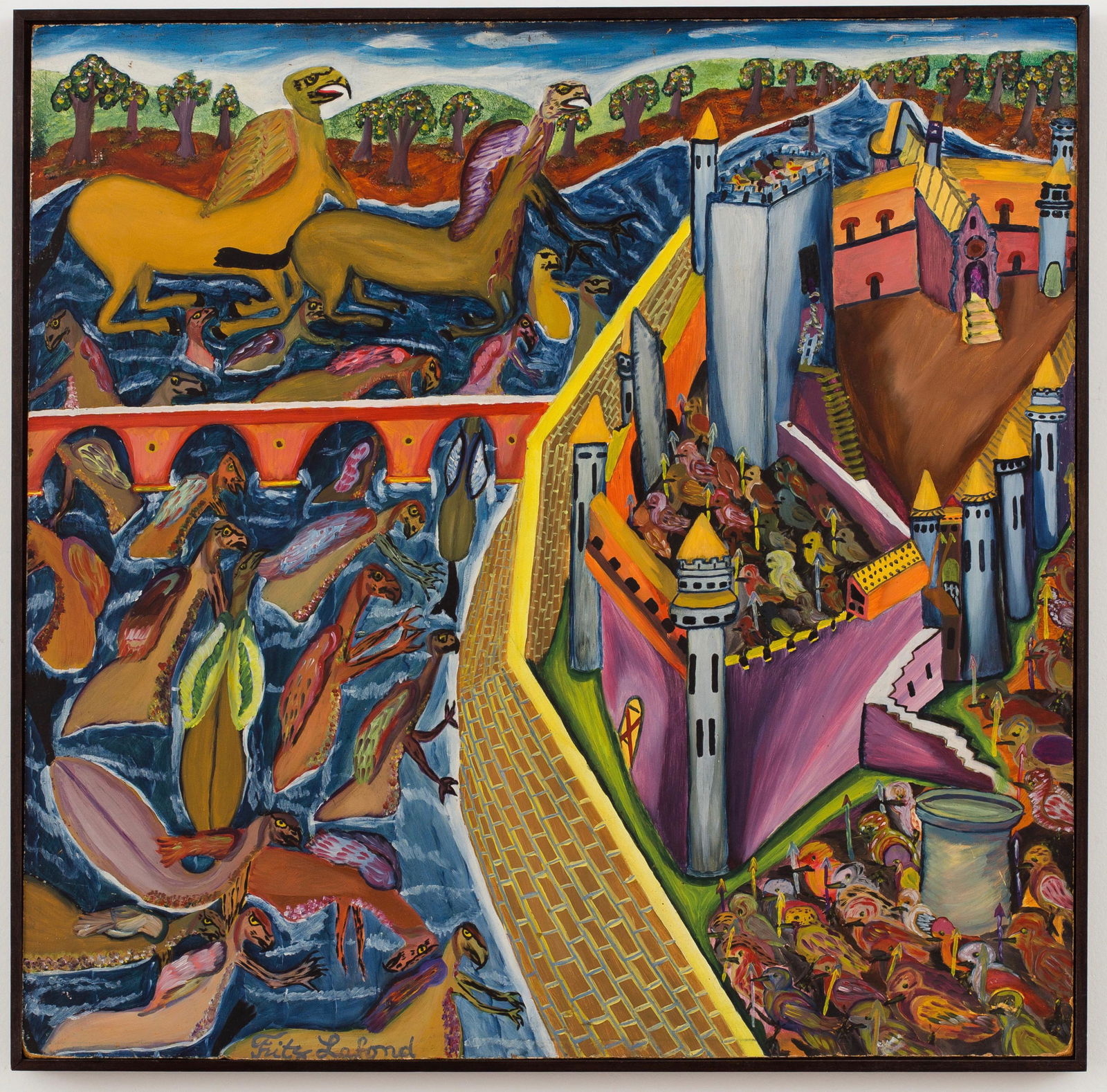 Fritz Lafond (Haitian/Haiti) Birds Battle Bird-Headed: Fritz Lafond (Haitian/20th Century) Birds Battle Bird-Headed Creature Oil on masonite, 23 3/4 x 24 1/8 inches Framed dimensions: 24 3/8 x 24 3/4 inches A less-known artist from the Jonathan Demme esta