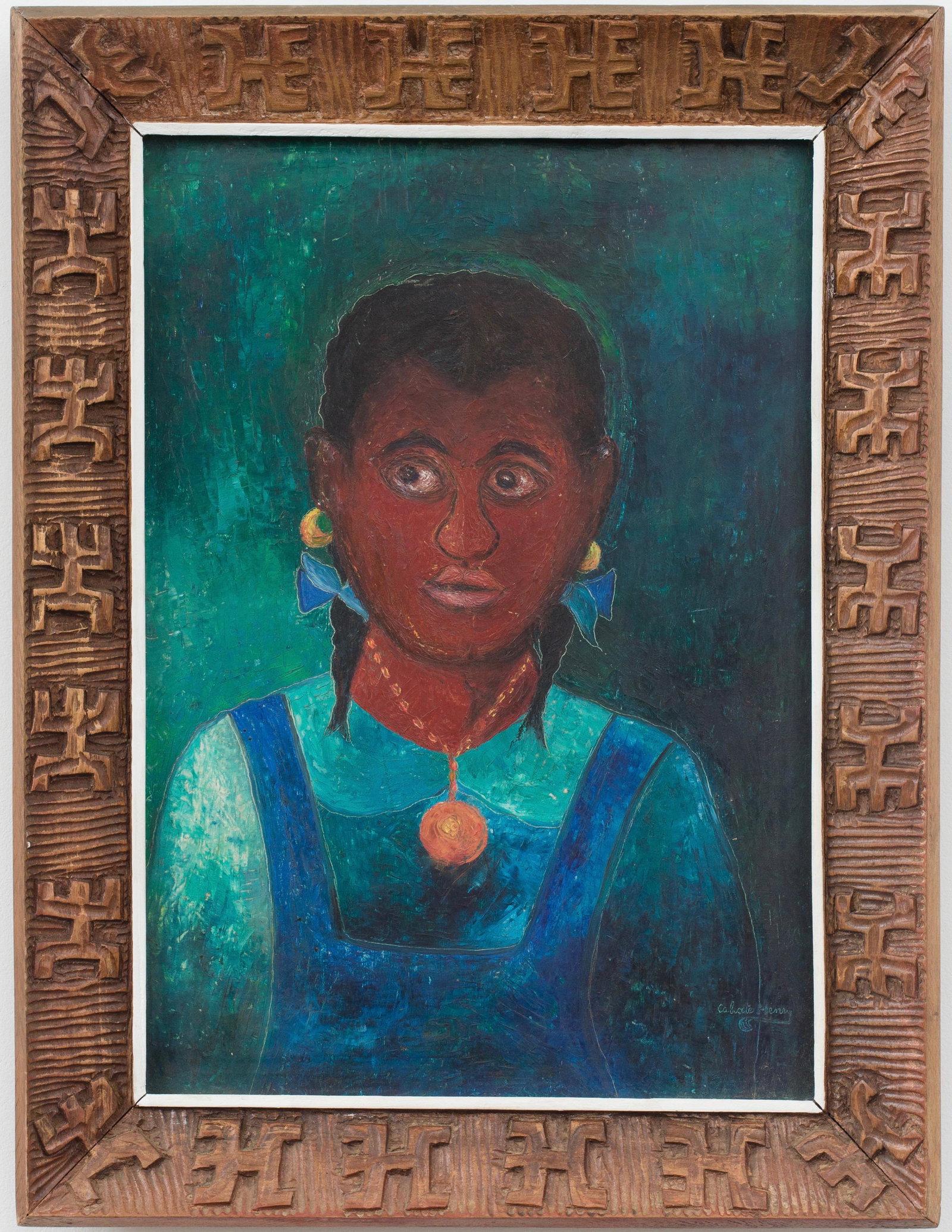 Henri Calixte (Haitian/Haiti) Portrait, Self-taught: Henri Calixte (Haitian/Port-au-Prince, b. 1933) Portrait Oil on masonite, 21 3/4 x 15 1/2 inches Framed dimensions: 27 1/8 x 20 1/2 inches Lot Essay: Calixte joined the Centre d'Art in the mid 1950s. 