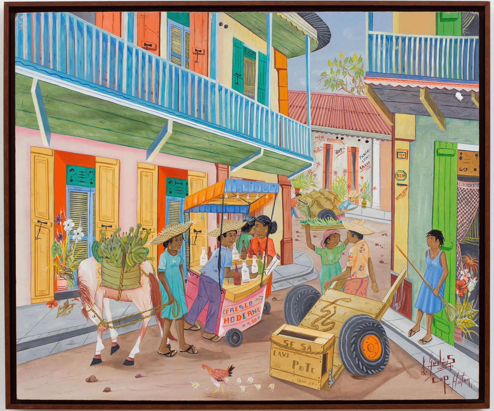 Louis Gedeus (Haitian/Haiti) Cap-Haitien Street: Louis Gedeus (Haitian/20th Century) Cap-Haitien Street Corner Oil on masonite, 20 x 24 inches Framed dimensions: 21 1/8 x 25 1/8 inches A less-known artist from the Jonathan Demme estate. Demme enjoye