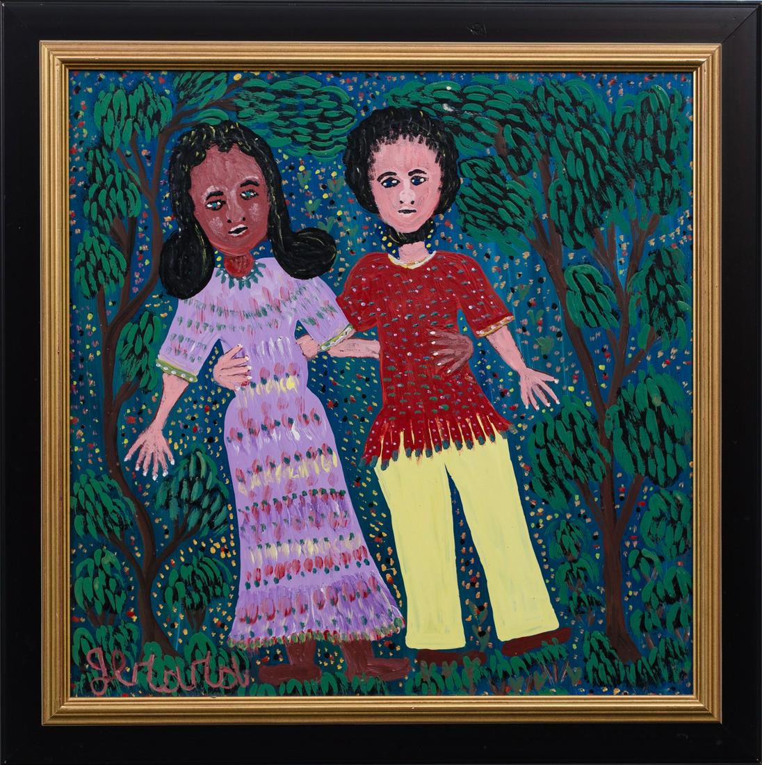 Gerard Fortune (Haitian/Haiti) Couple, 1990s: Gerard Fortune (Haitian/Petionville, 1933-2020) Embracing Couple, circa 1990's Oil on masonite, 24 x 24 inches Framed Lot Essay: Spiritual enlightenment and whimsy are what drive Gerard. His everyday