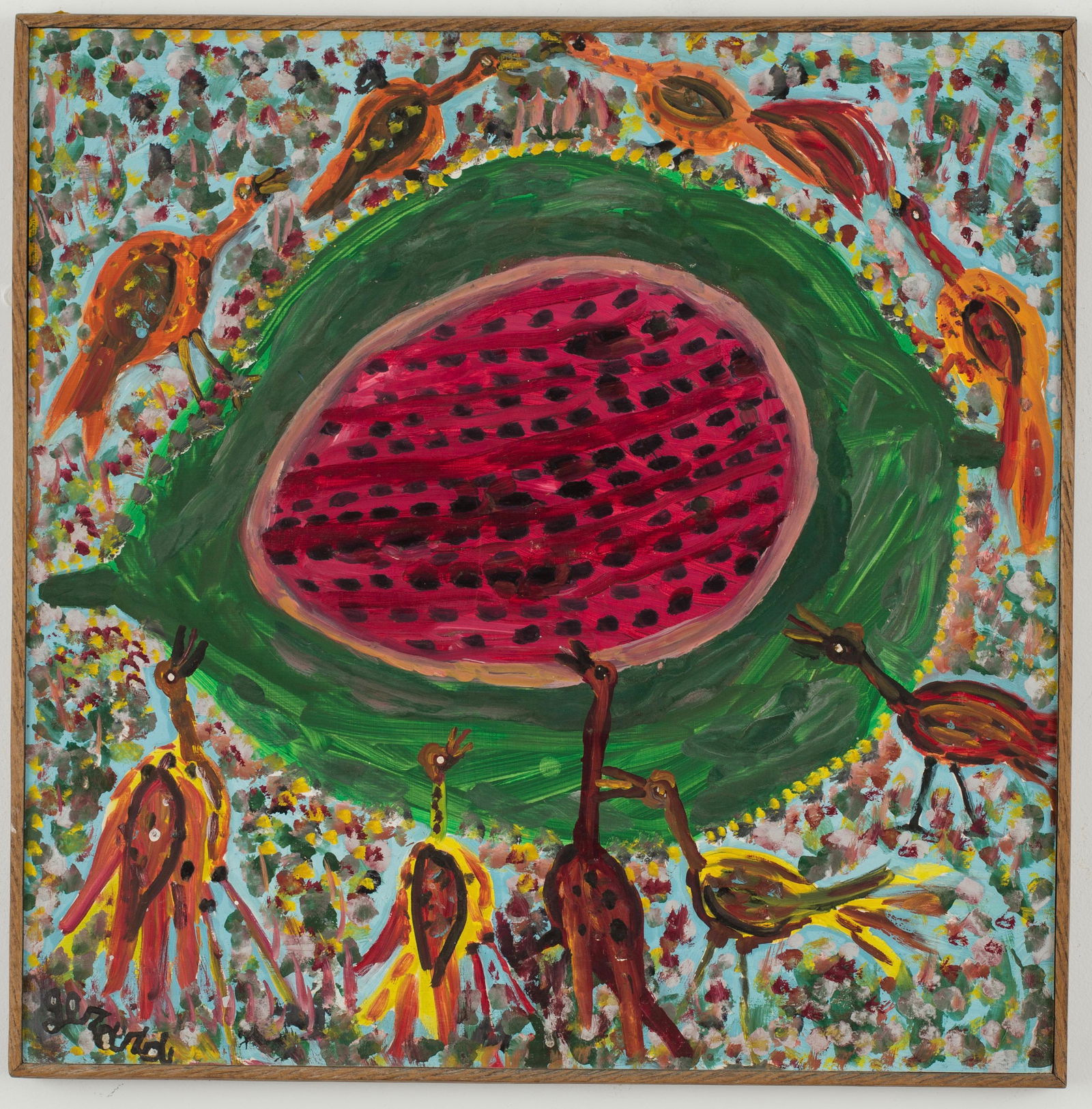 Gerard Fortune (Haitian/Haiti) Pintards Eating: Gerard Fortune (Haitian/Petionville, 1933-2020) Pintards Eating Watermelon, circa 1970's Oil on masonite, 24 x 23 3/4 inches Framed dimensions: 24 3/4 x 24 1/2 inches Lot Essay: Spiritual enlightenmen